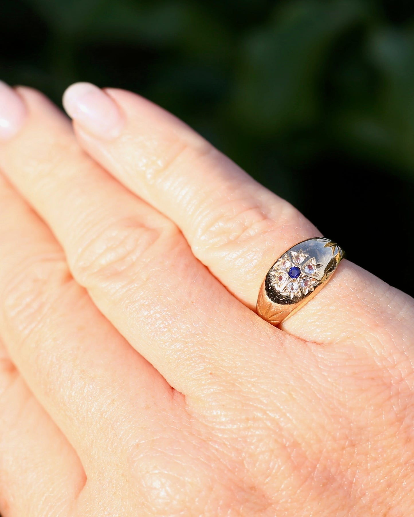 Vintage 1994 Birmingham Made Sapphire and White Stone Floral Cluster in Domed Ring, 9ct Yellow Gold, size J1/2 or 5