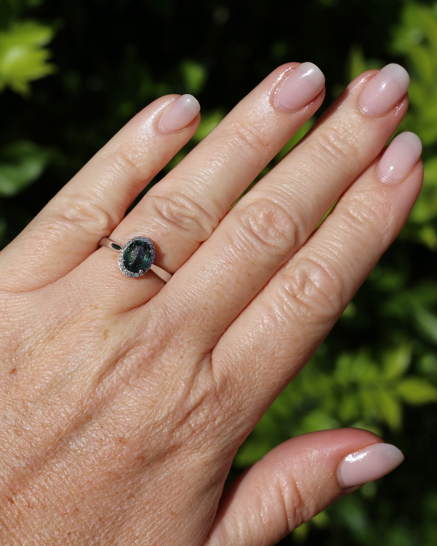 1.48ct Australian Parti Sapphire and SIngle Cut Diamond Halo, 10ct White Gold, size O or 7.25, 3.71g
