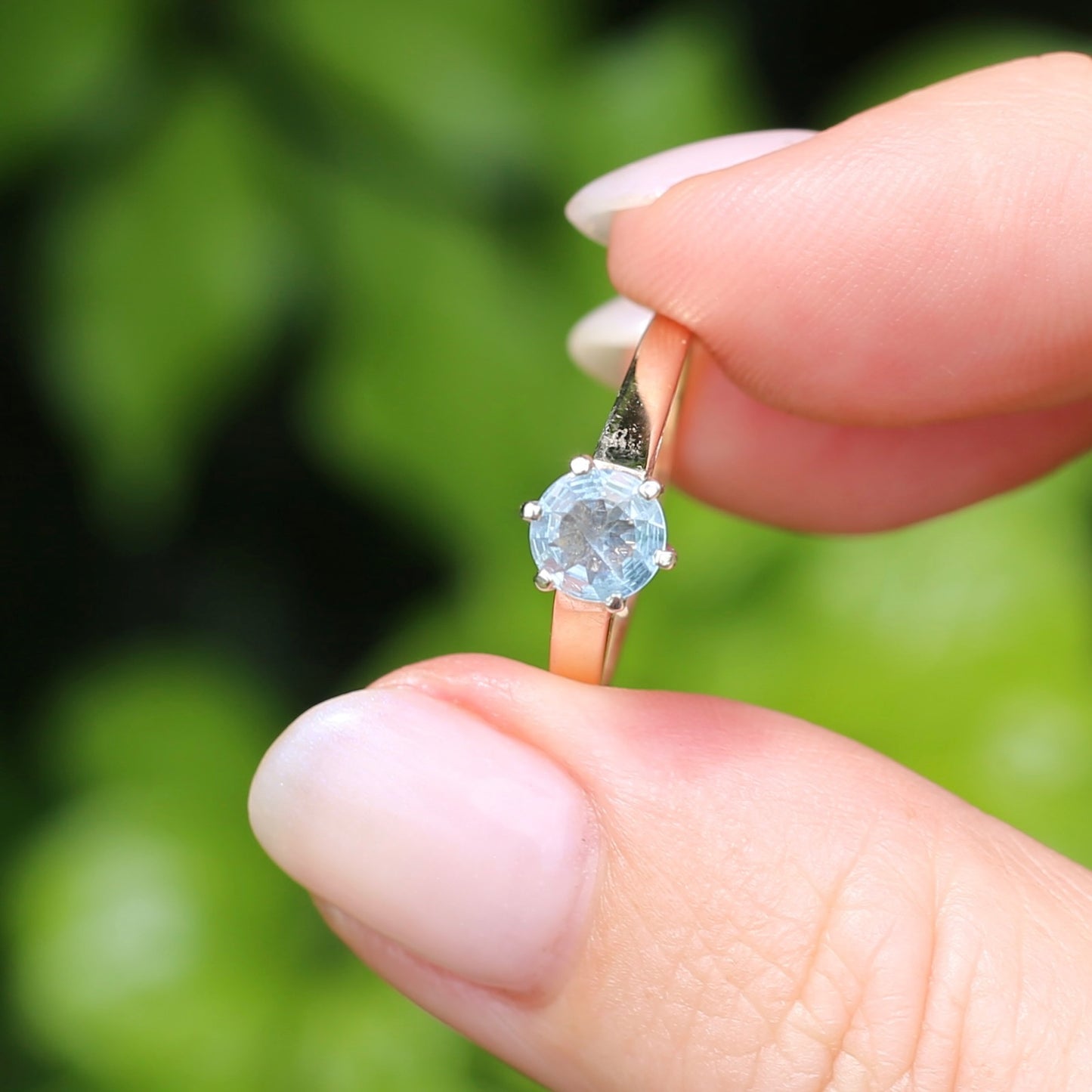 Round Natural Aquamarine Solitaire, 9ct Yellow and White Gold, size O or 7.25