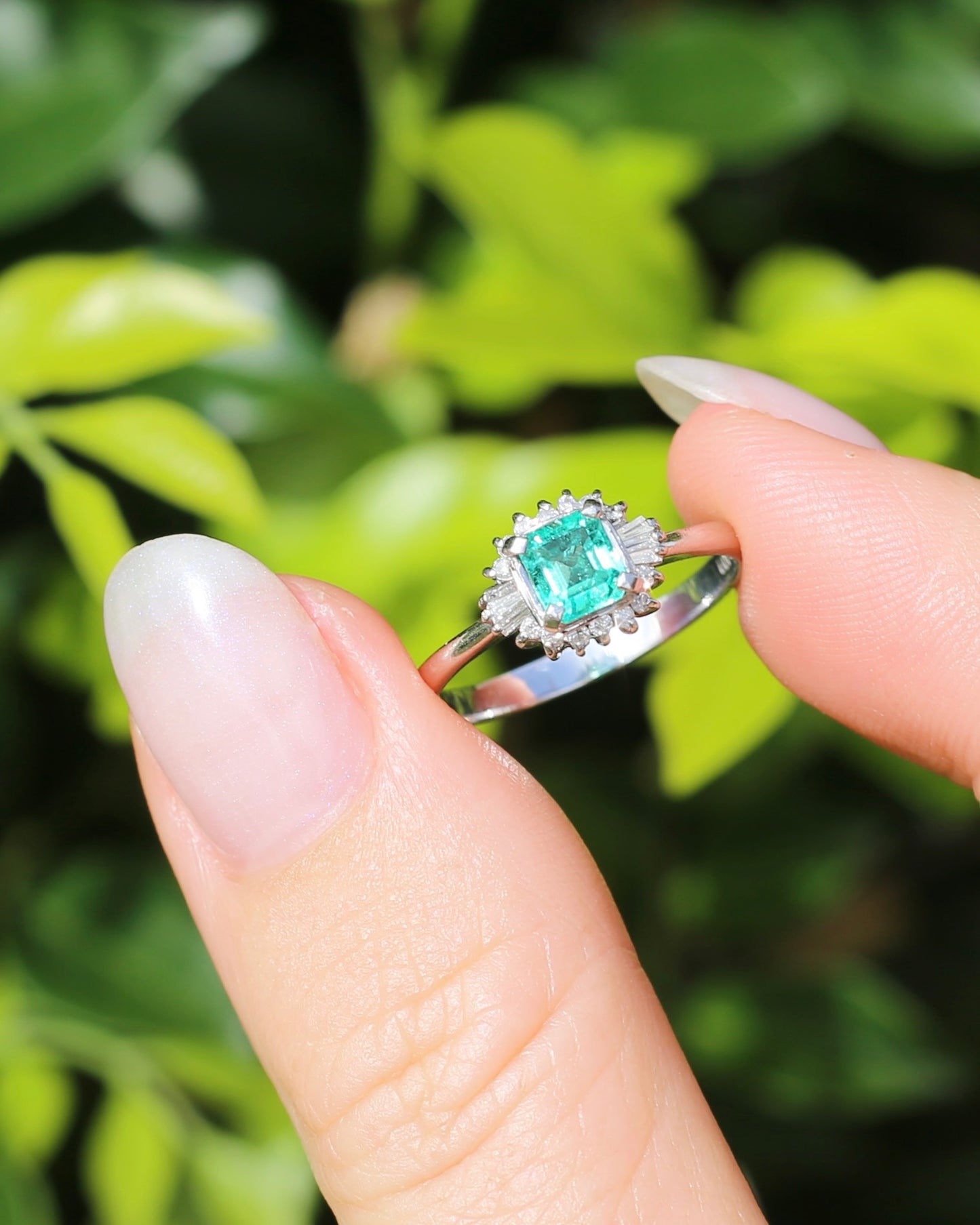 Natural Square Step Cut Emerald and Diamond Baguette Ballerina Skirt, Platinum Ring, size O or 7.25