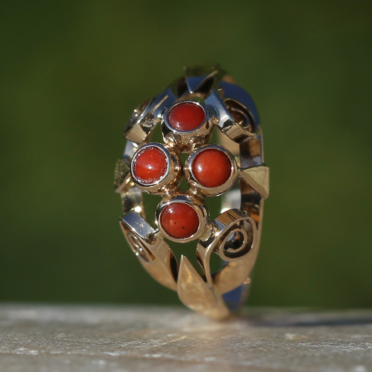 Vintage Dutch Four Stone Coral Cabochon Filigree Ring, 14ct Yellow Gold, size N1/2 or 7