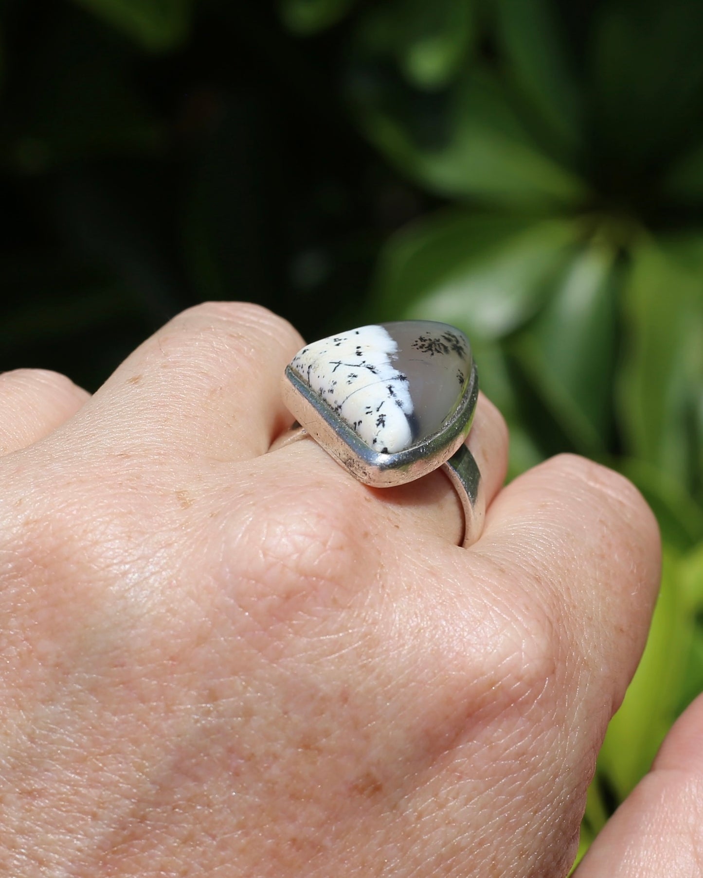 Freeform Dendritic Agate Bezel Set Ring, size T1/2 or 9.75, 14.7g