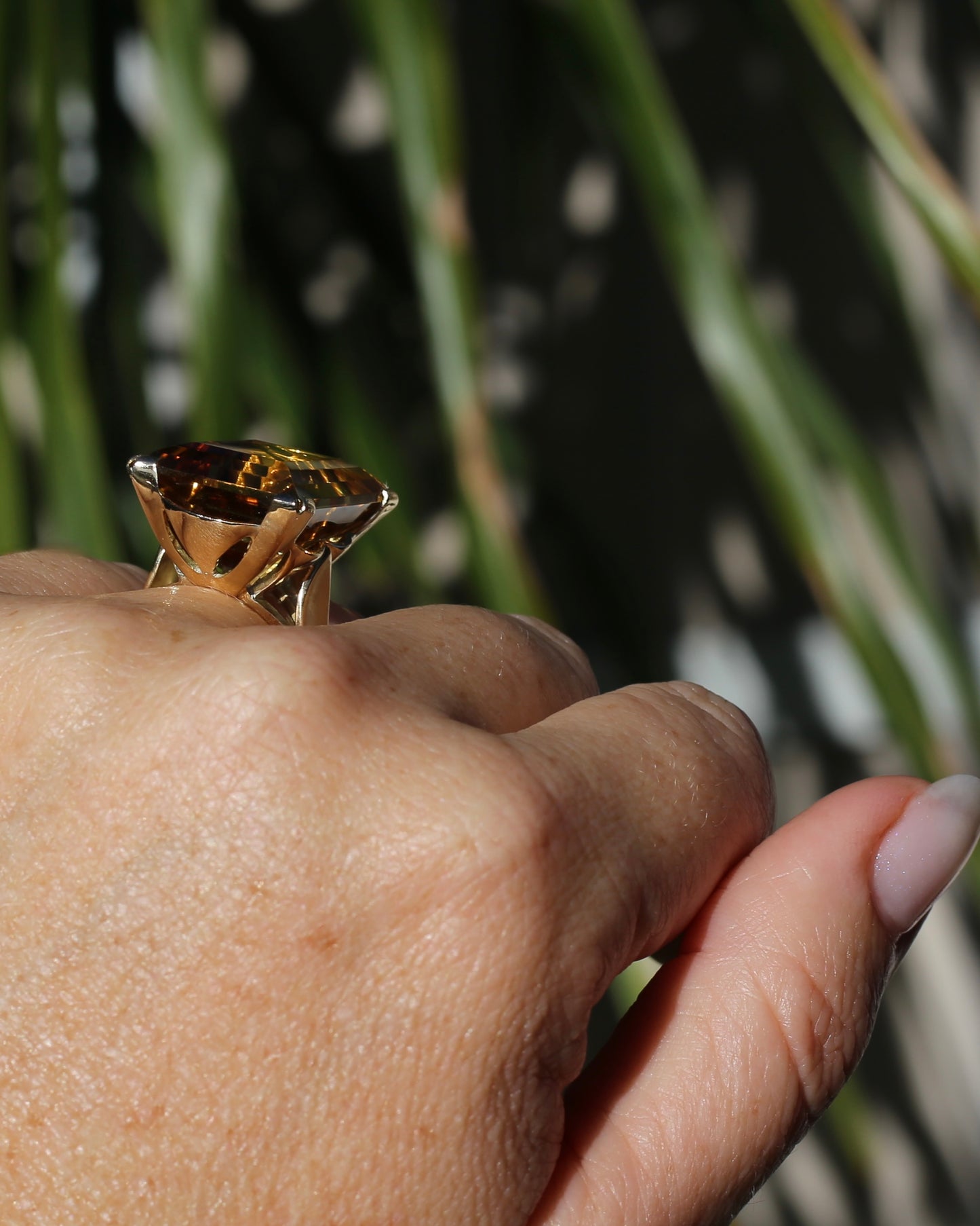 35ct Rectangular Step Cut Vivid Citrine in Chunky Vintage 9ct Yellow Gold Ring, size N1/2 or 7, 15.12g