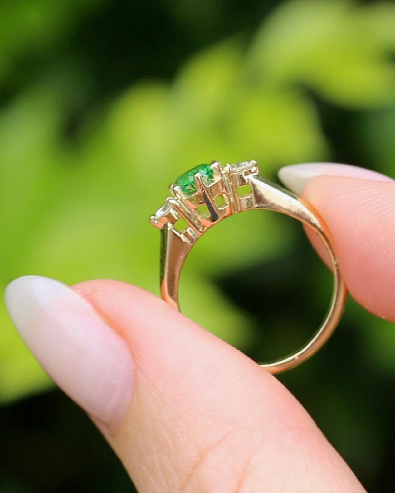 East African Tsavorite Garnet and Diamond Trilogy Ring, 18ct Yellow Gold, size K or 5.5 with valuation