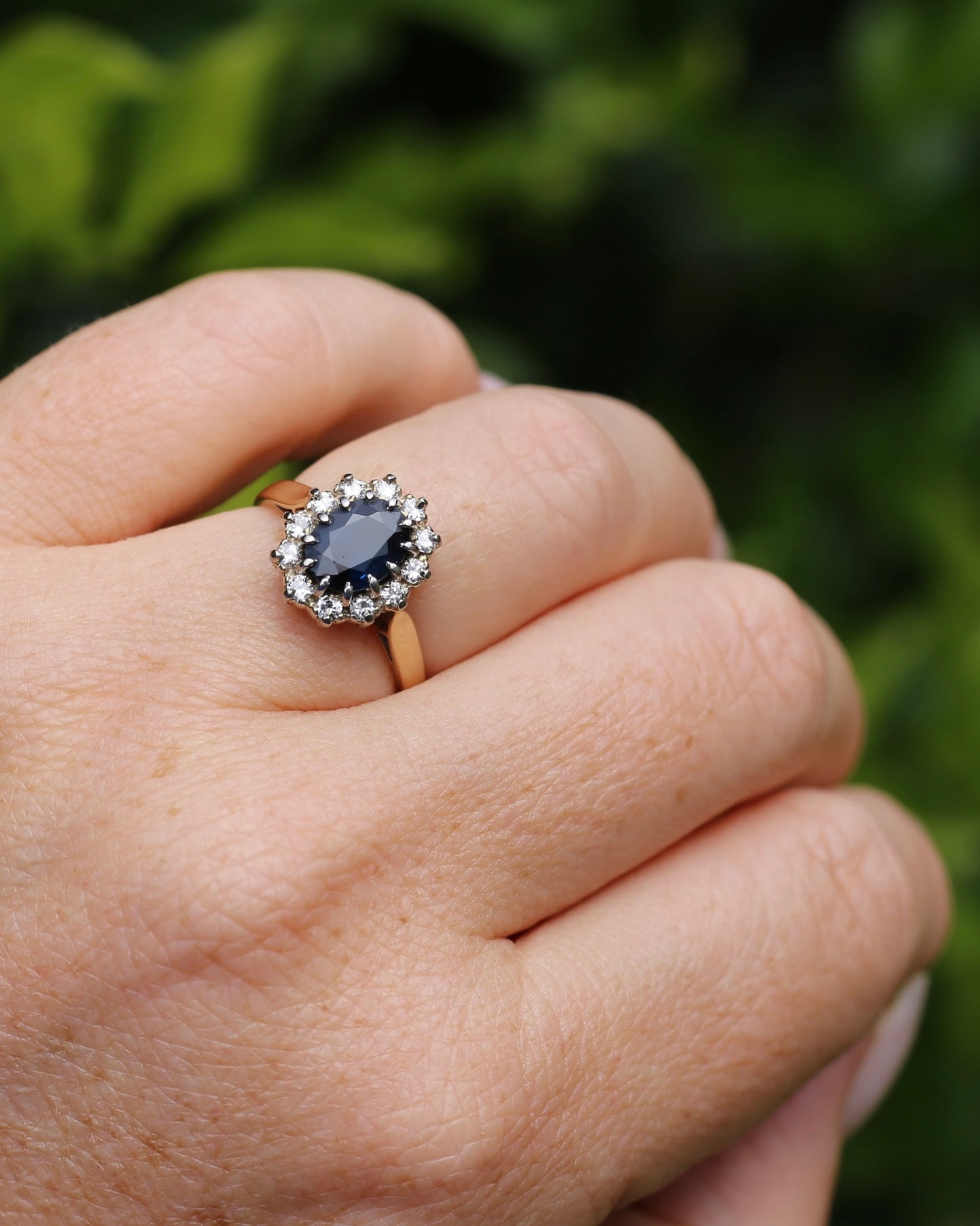 Vintage Natural Sapphire and Diamond Halo, 9ct Yellow and White Gold, size N1/2 or 7