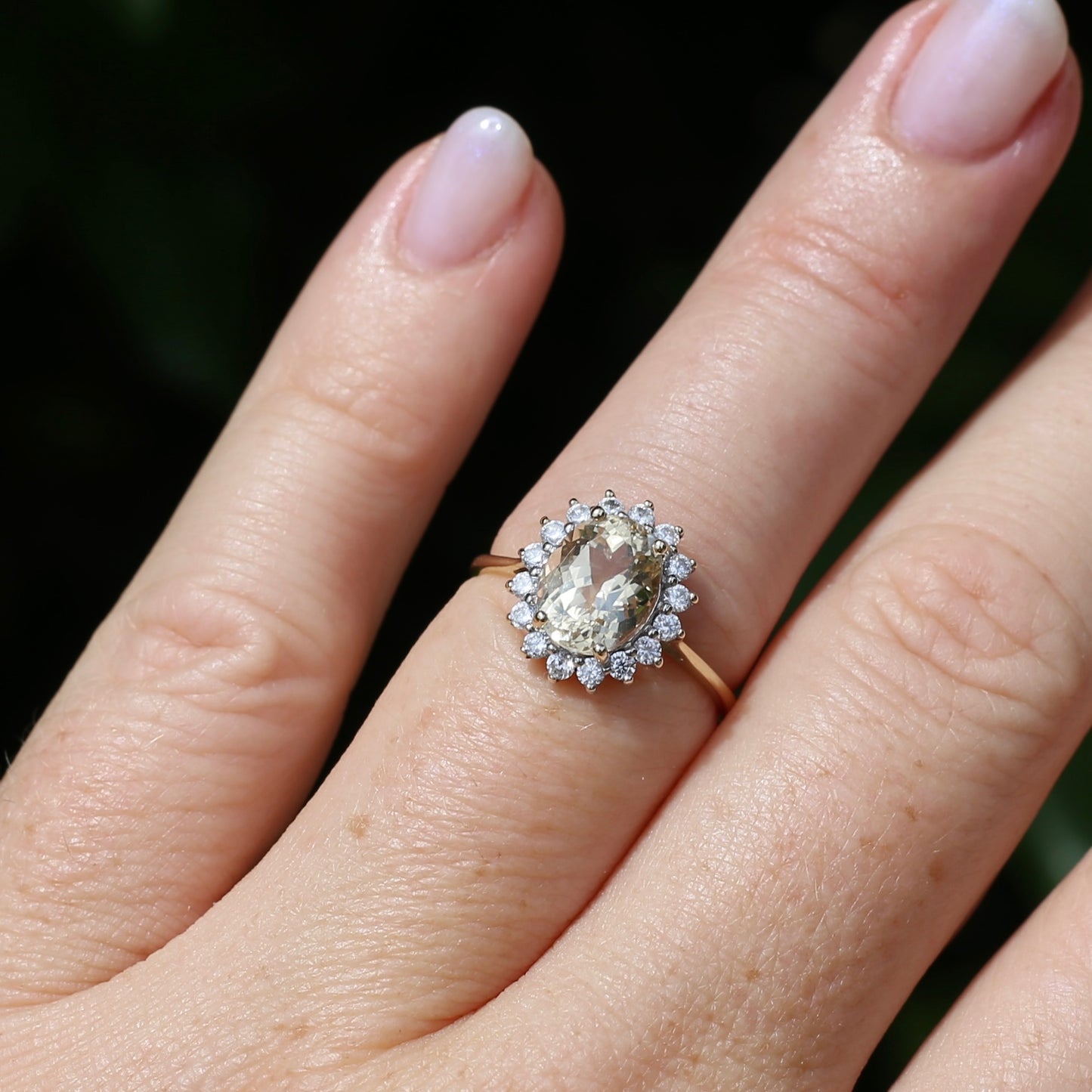 1.47ct Rare Light Pinkish Yellow Feldspar (Orthoclase) with Diamond Halo, 9ct Yellow Gold, size M or 6.25, with valuation