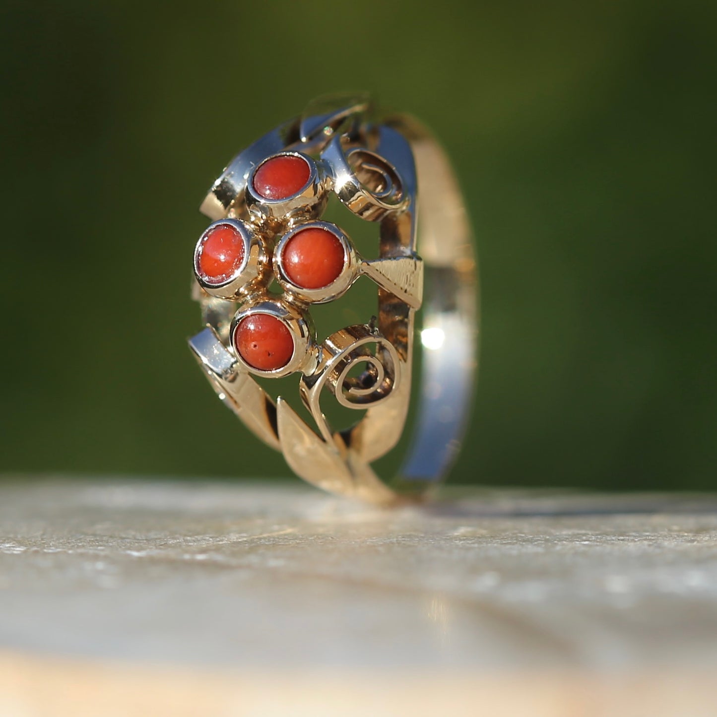 Vintage Dutch Four Stone Coral Cabochon Filigree Ring, 14ct Yellow Gold, size N1/2 or 7