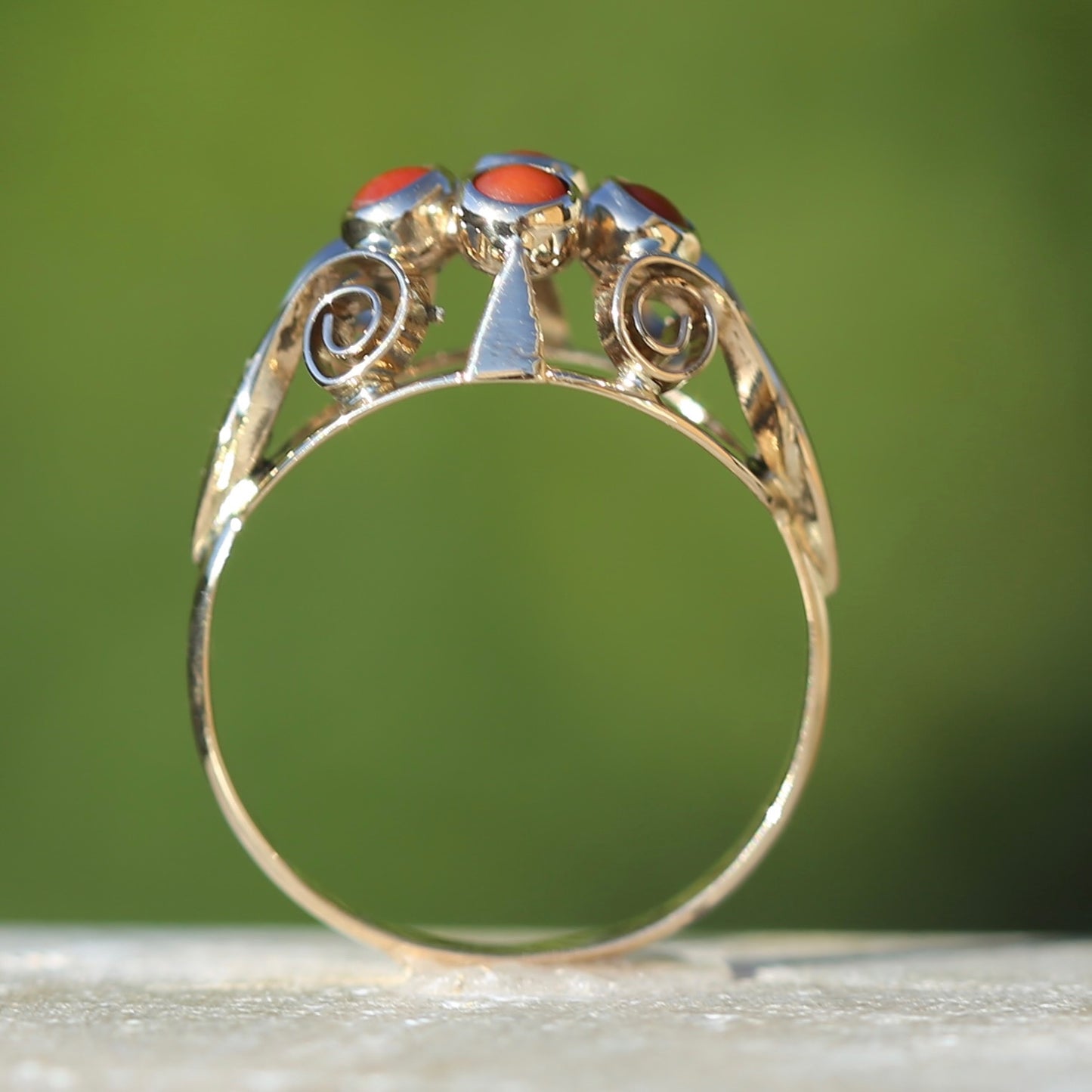 Vintage Dutch Four Stone Coral Cabochon Filigree Ring, 14ct Yellow Gold, size N1/2 or 7
