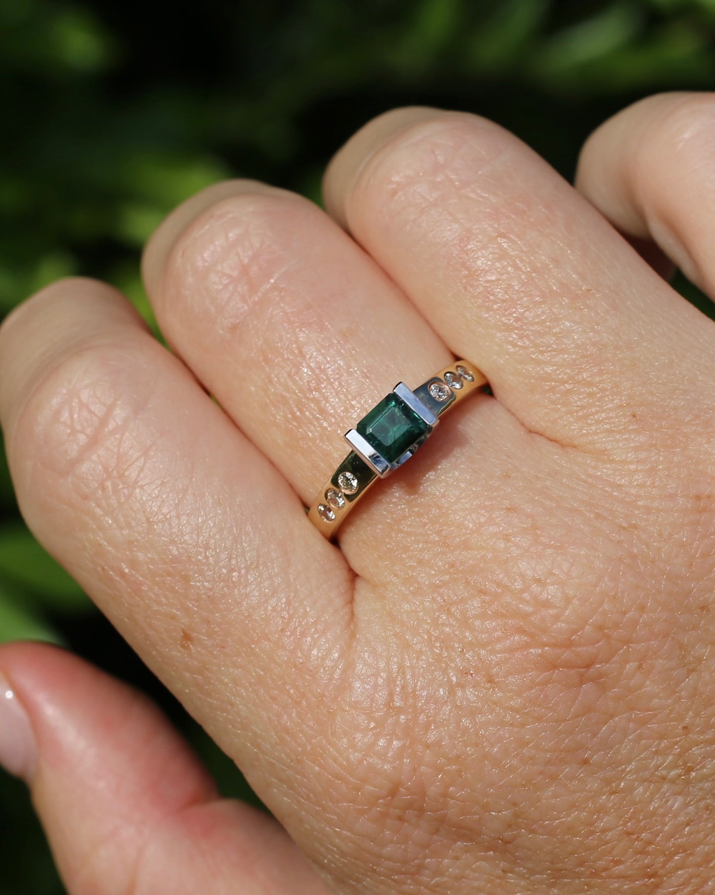 Vintage Chunky East West Set Semi Bezel Tourmaline and Flush Set Diamonds, 9ct Yellow and White Gold, size 9 or S, 4.37g