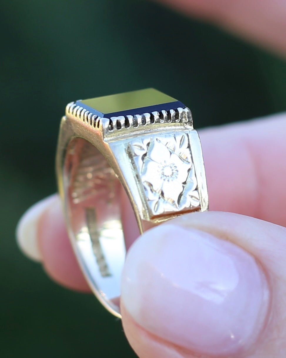 Chunky 1979 Onyx Signet with Floral Shoulders, 9ct Yellow Gold, size 10 or U