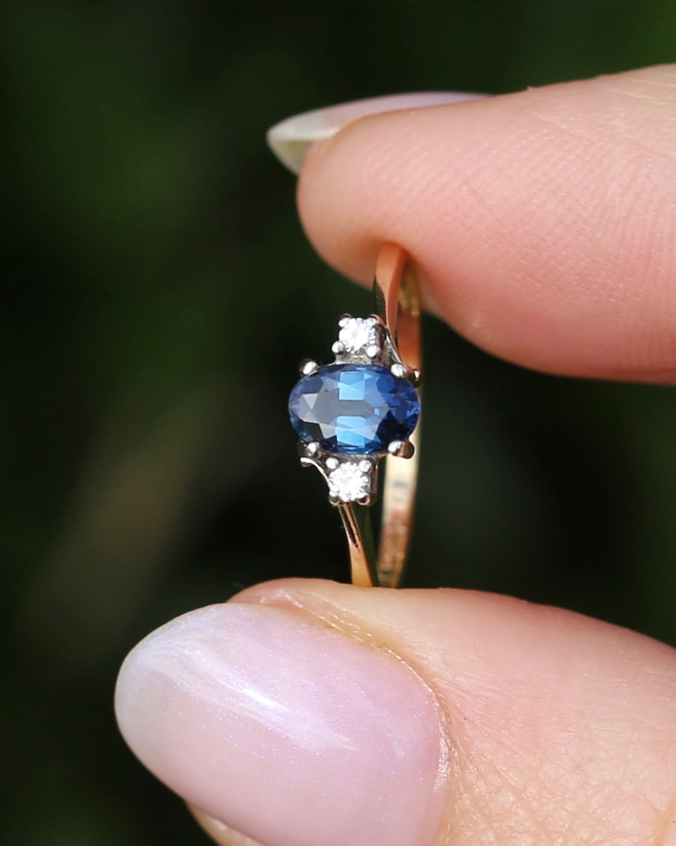 Vintage Natural Sapphire and Diamond Trilogy, 9ct Yellow and White Gold, size J or 4.75