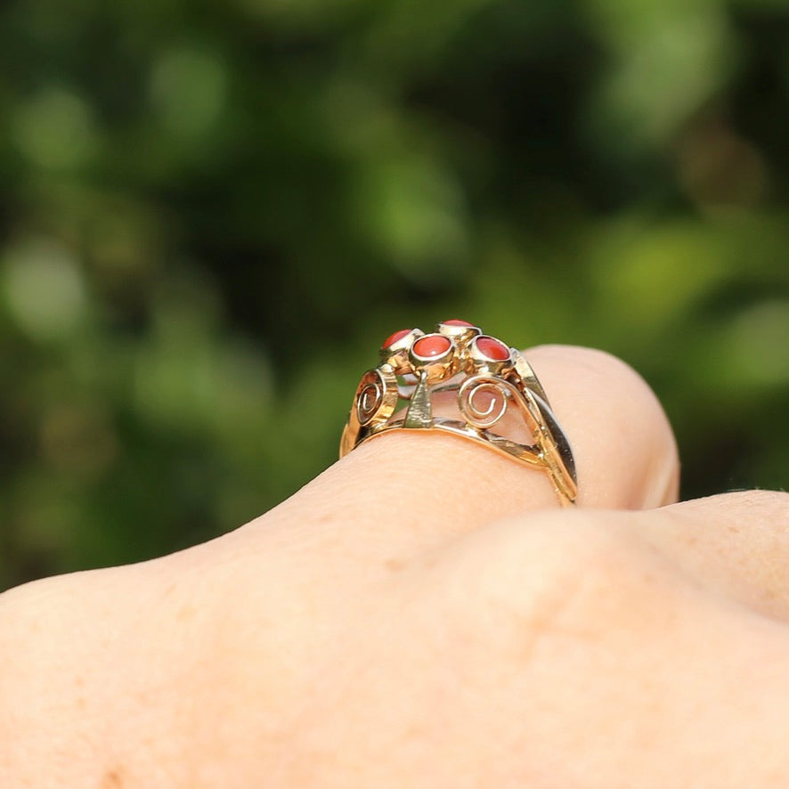 Vintage Dutch Four Stone Coral Cabochon Filigree Ring, 14ct Yellow Gold, size N1/2 or 7
