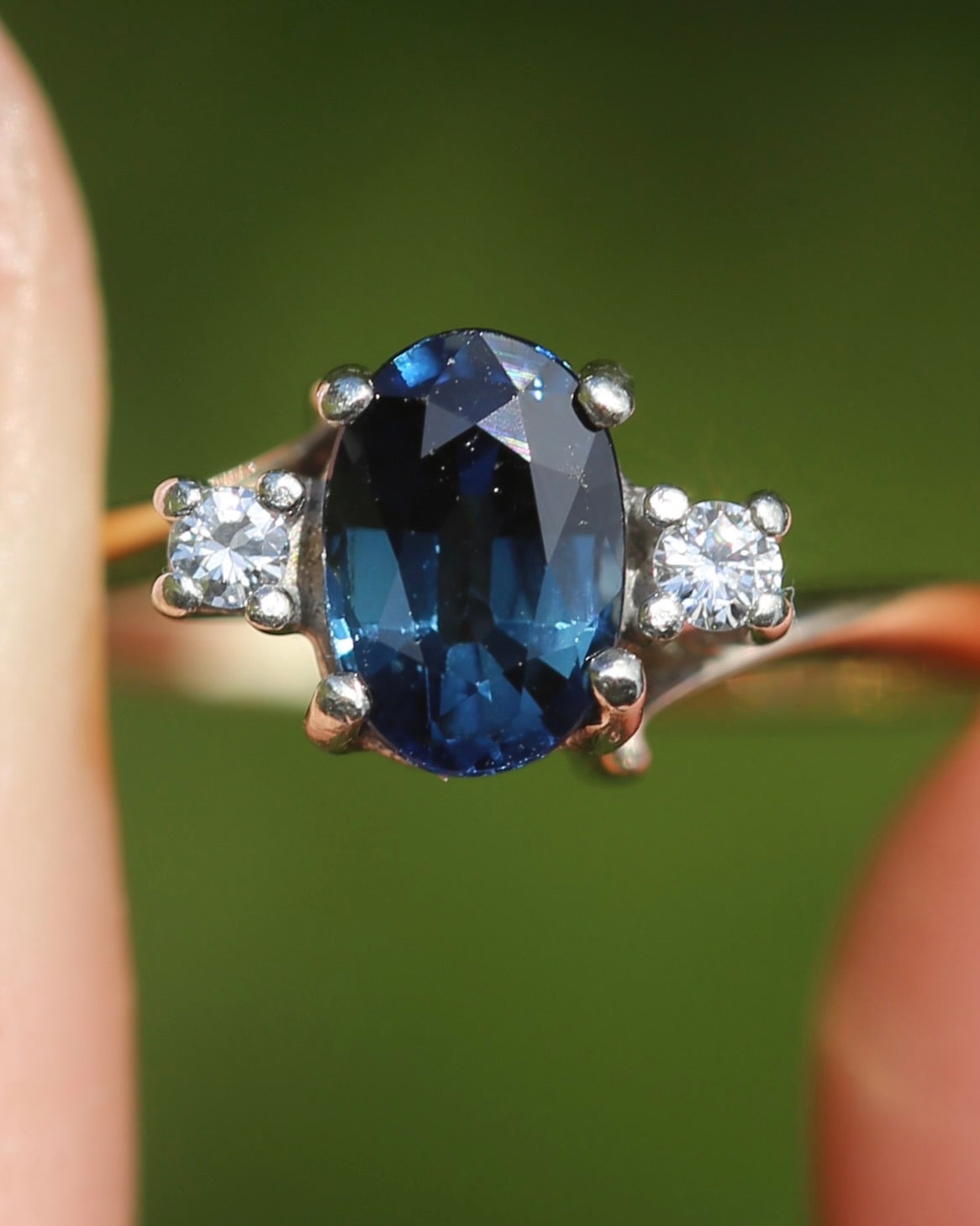 Vintage Natural Sapphire and Diamond Trilogy, 9ct Yellow and White Gold, size J or 4.75