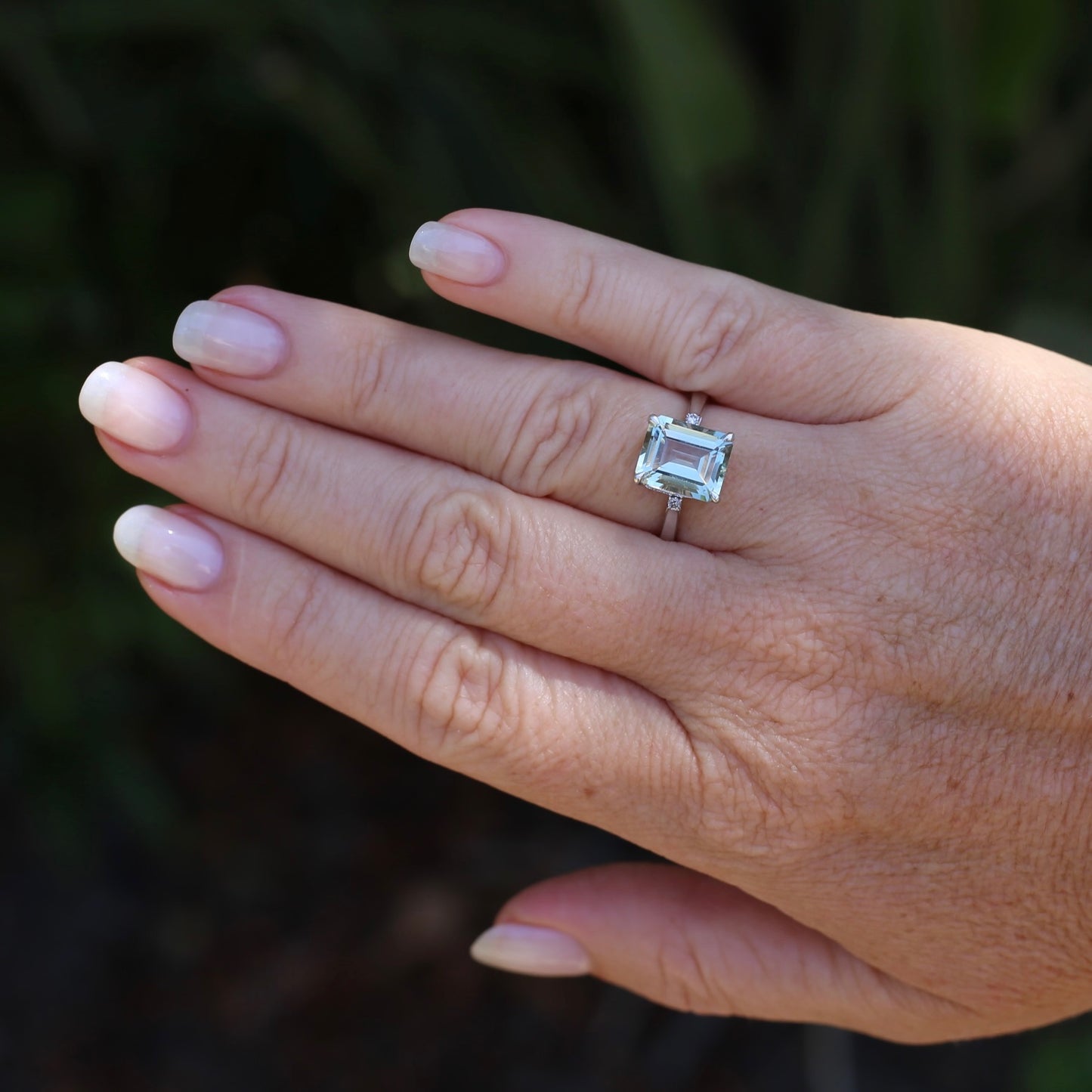 Emerald Cut Prasiolite and Diamond Ring, 9ct White Gold, size P or 7.75