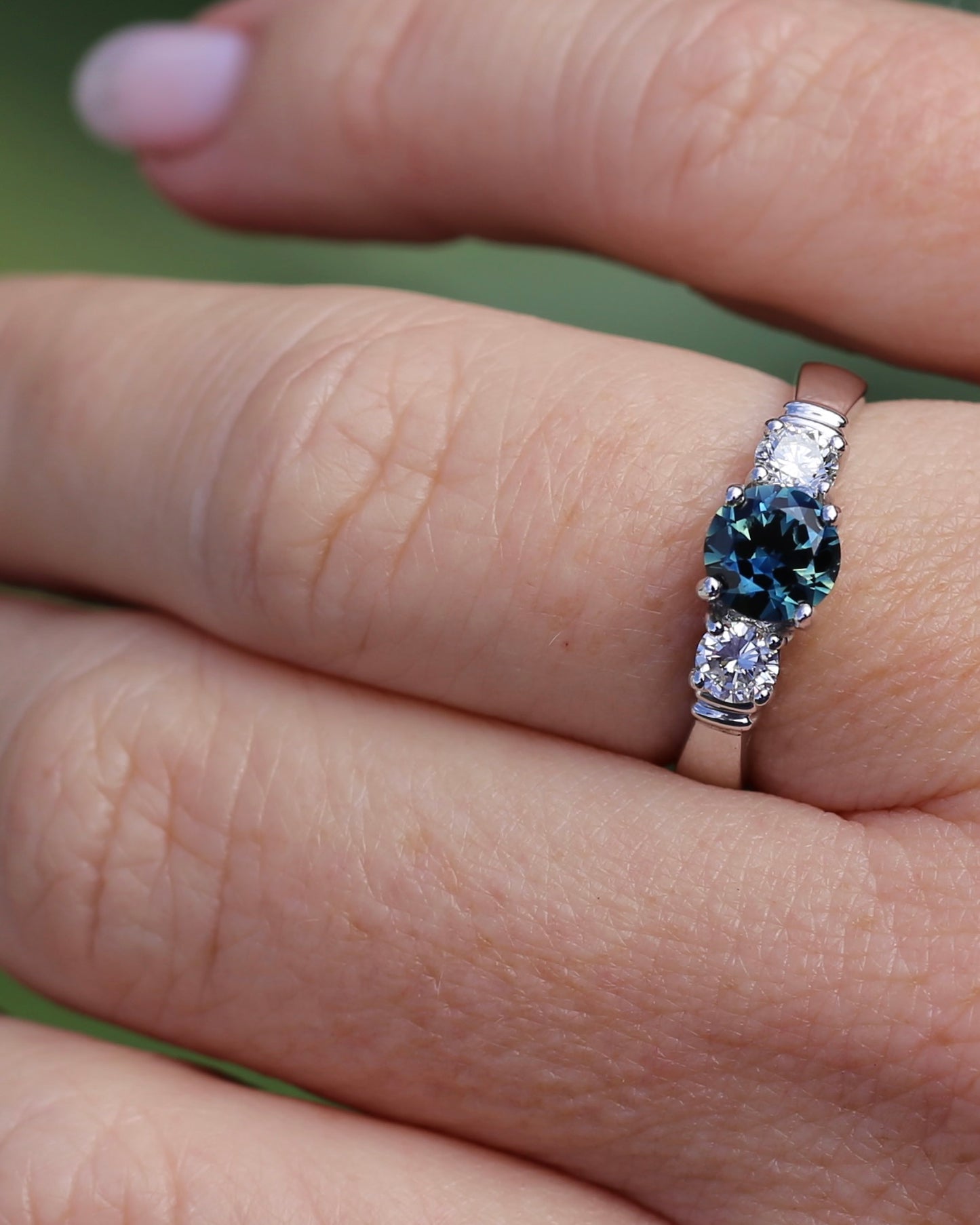 Unheated Eye Clean Parti Sapphire and Natural Diamond Trilogy, 9ct White Gold, size O1/2 or 7.5, 3.01g, with valuation