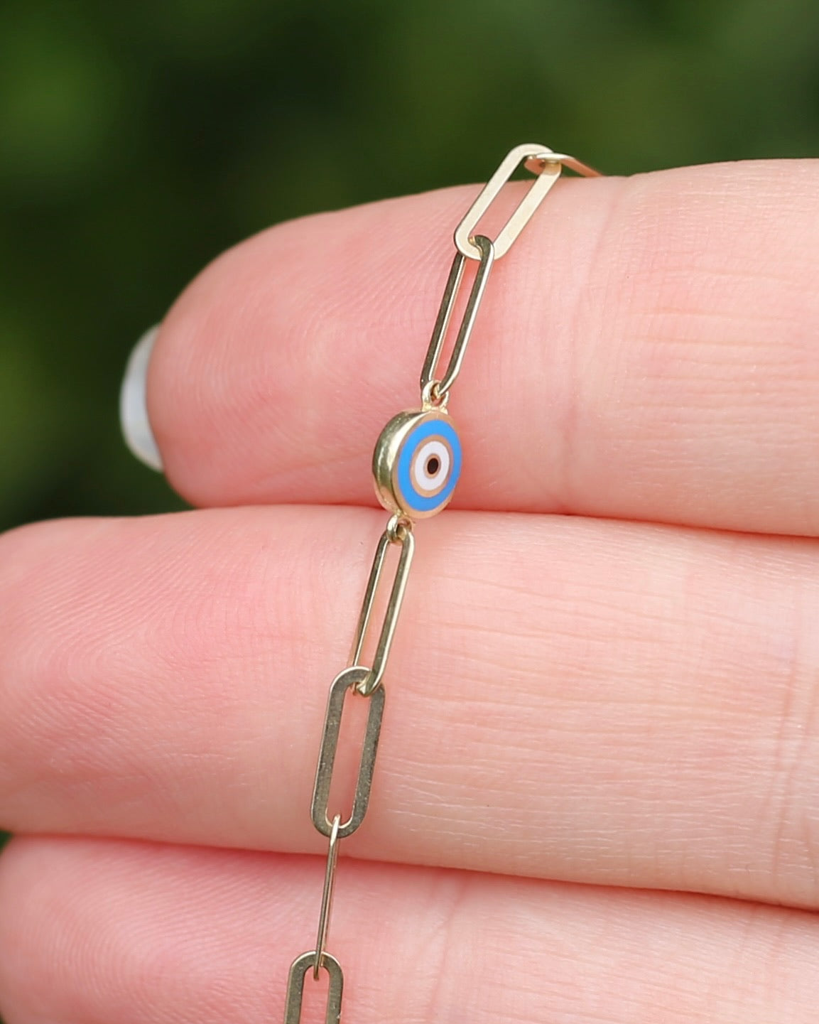 Delicate Paperclip and Enamel Evil Eye Bracelet, 9ct Yellow Gold, 19.5cm or 7.75inches