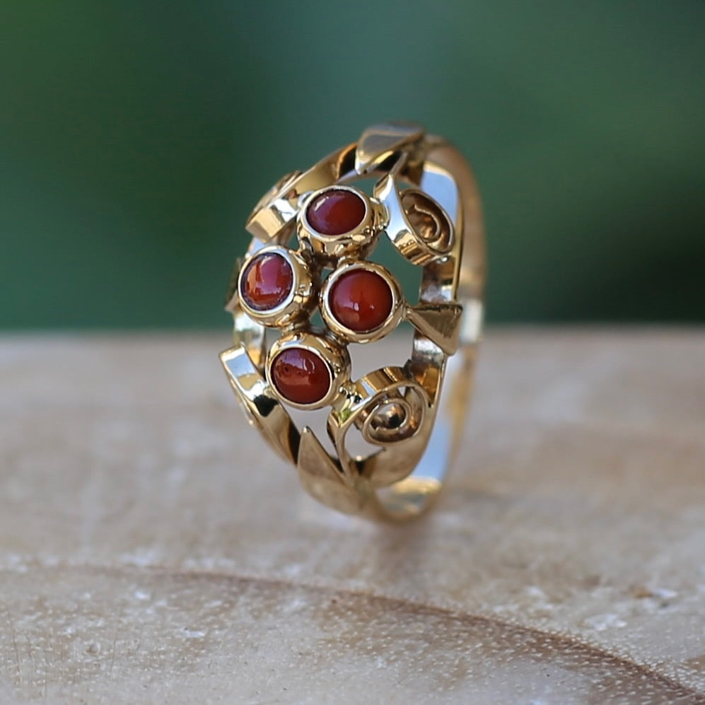 Vintage Dutch Four Stone Coral Cabochon Filigree Ring, 14ct Yellow Gold, size N1/2 or 7