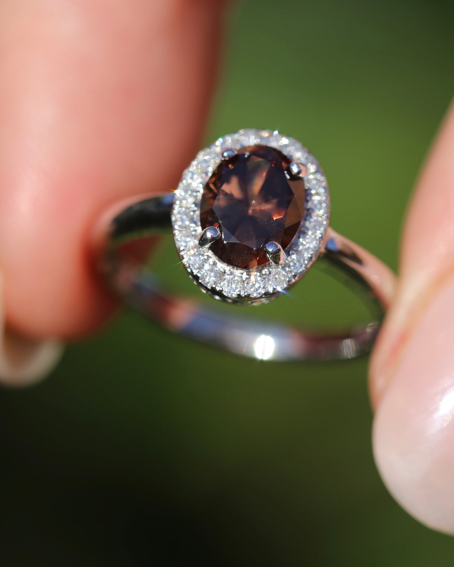 1.82ct Chocolate Australian Zircon with Diamond Halo, 14ct White Gold, size N or 6.75, 3.34g