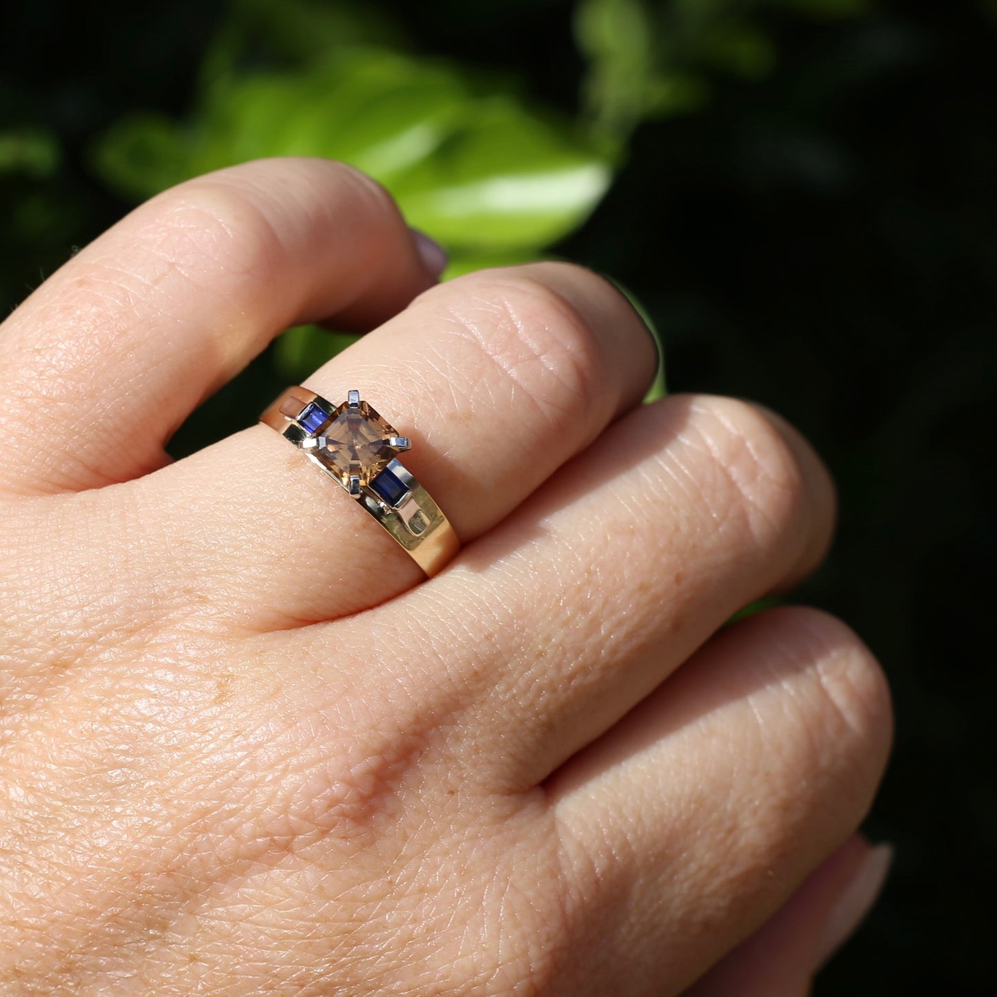 1.74ct Asscher Cut Cognac Zircon with Baguette Synthetic Sapphires in Mixed White and Yellow Gold 9ct Ring, size 8.75 or just over R