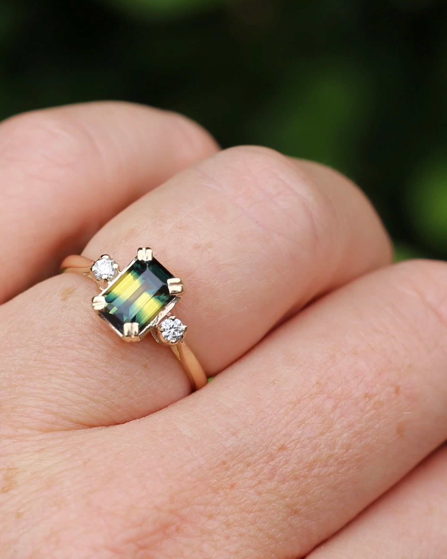 Vintage 1.5ct Emerald Cut Parti Sapphire and Diamond trilogy, 9ct Yellow Gold, size N or 6.75