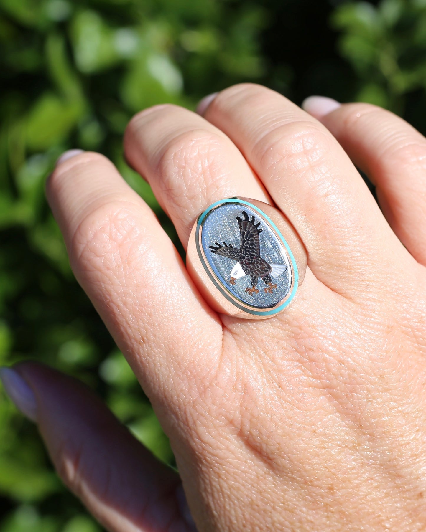 Navajo Artist Benjamin Becenti Inlaid Mother of Pearl and Turquoise Eagle Ring, Sterling Silver, size X1/2 or 11.75