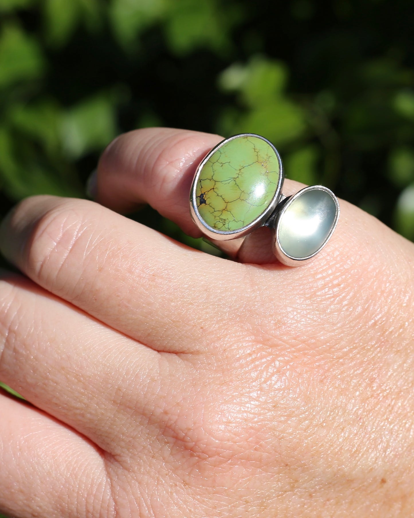 Vintage Green Turquoise and Moonstone Ring, Sterling Silver, size M or 6.25
