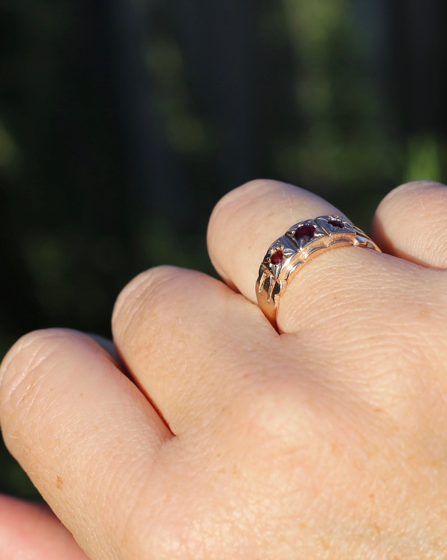 Vintage Victorian Revival Garnet Trilogy Star Set Ring, 9ct Rosey Gold, size P or 7.75, 3.16g
