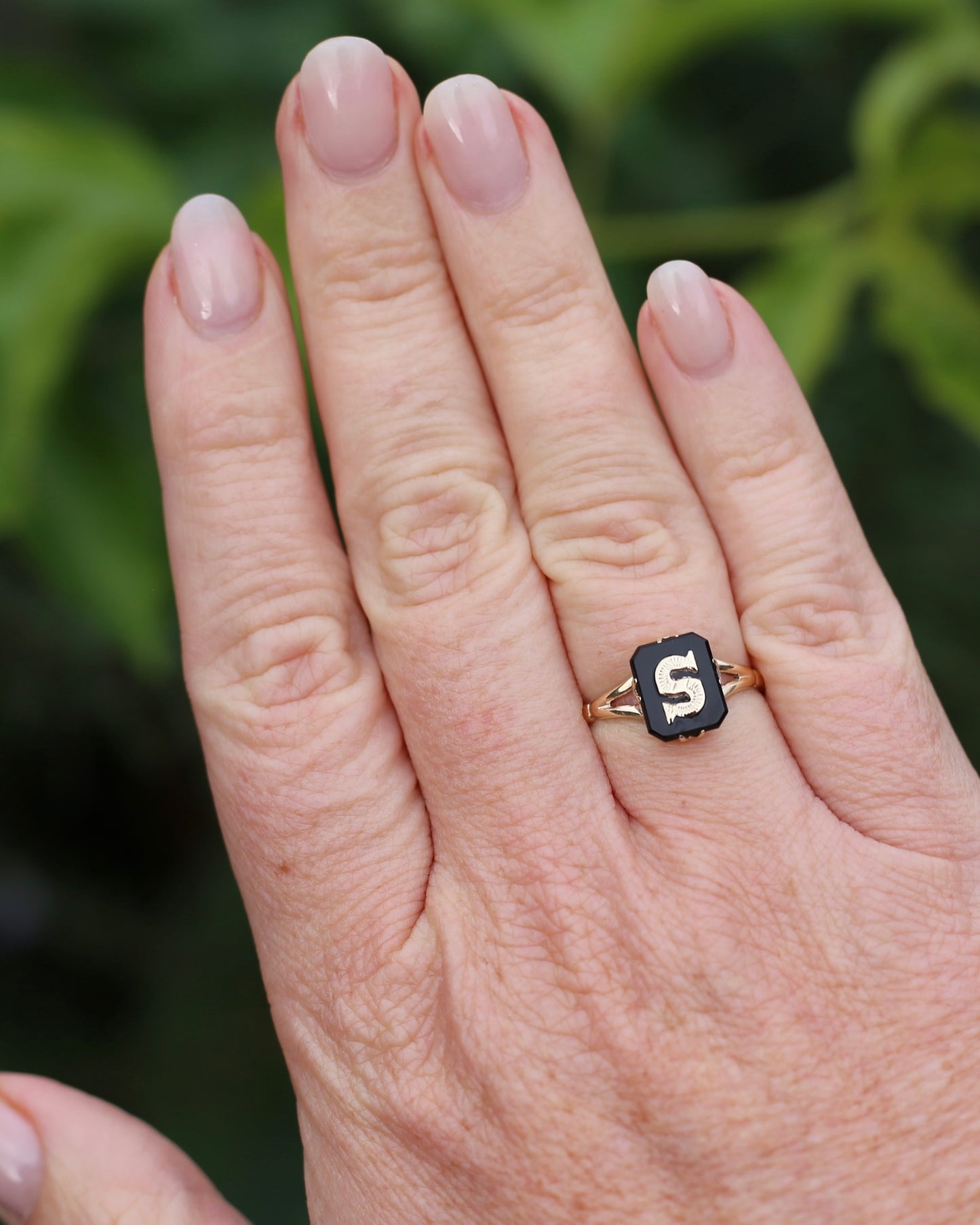 "S" Vintage Onyx and 9ct Yellow Gold Signet Ring, 9ct Yellow Gold, size 8 or P1/2