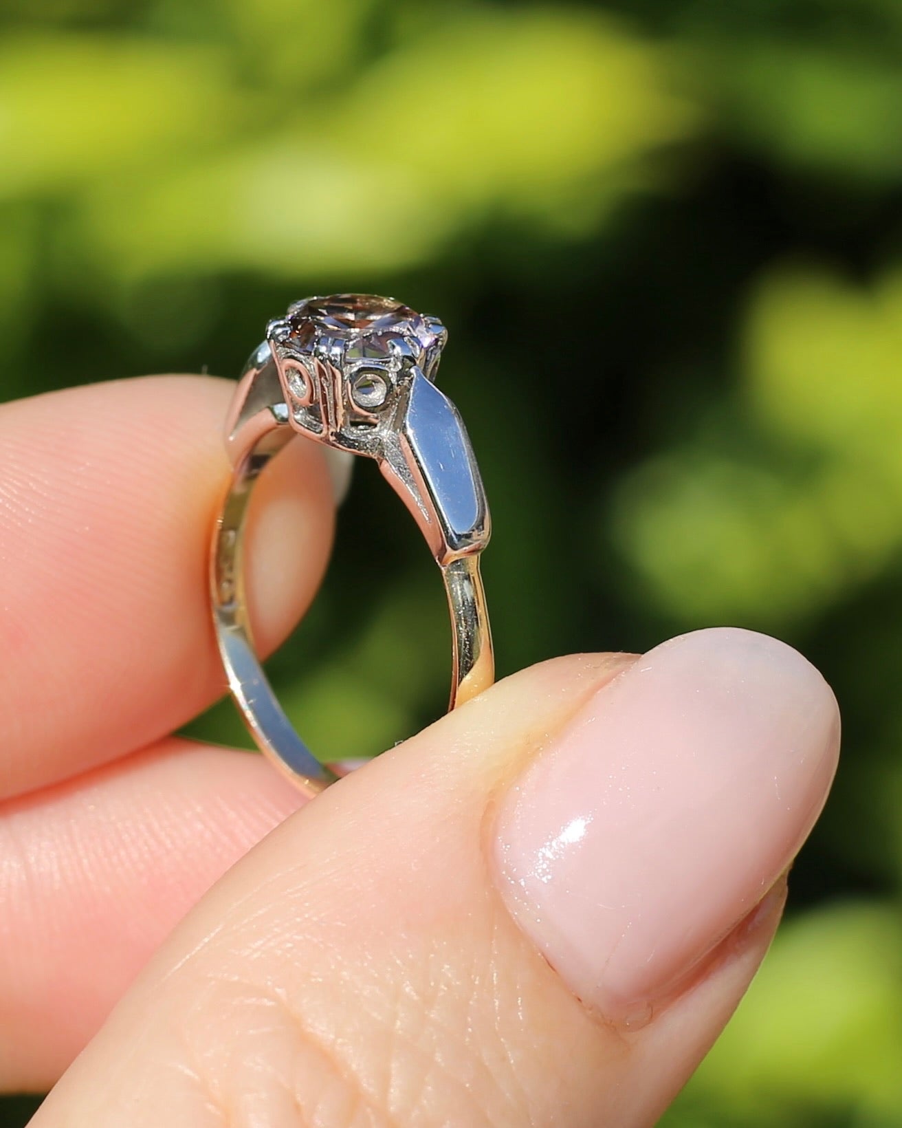 Vintage 1.86ct Pale Pink natural Zircon, 1967 London Made Double Claw Set, 9ct Yellow and White Gold, size M1/2 or 6.5, 2.8g