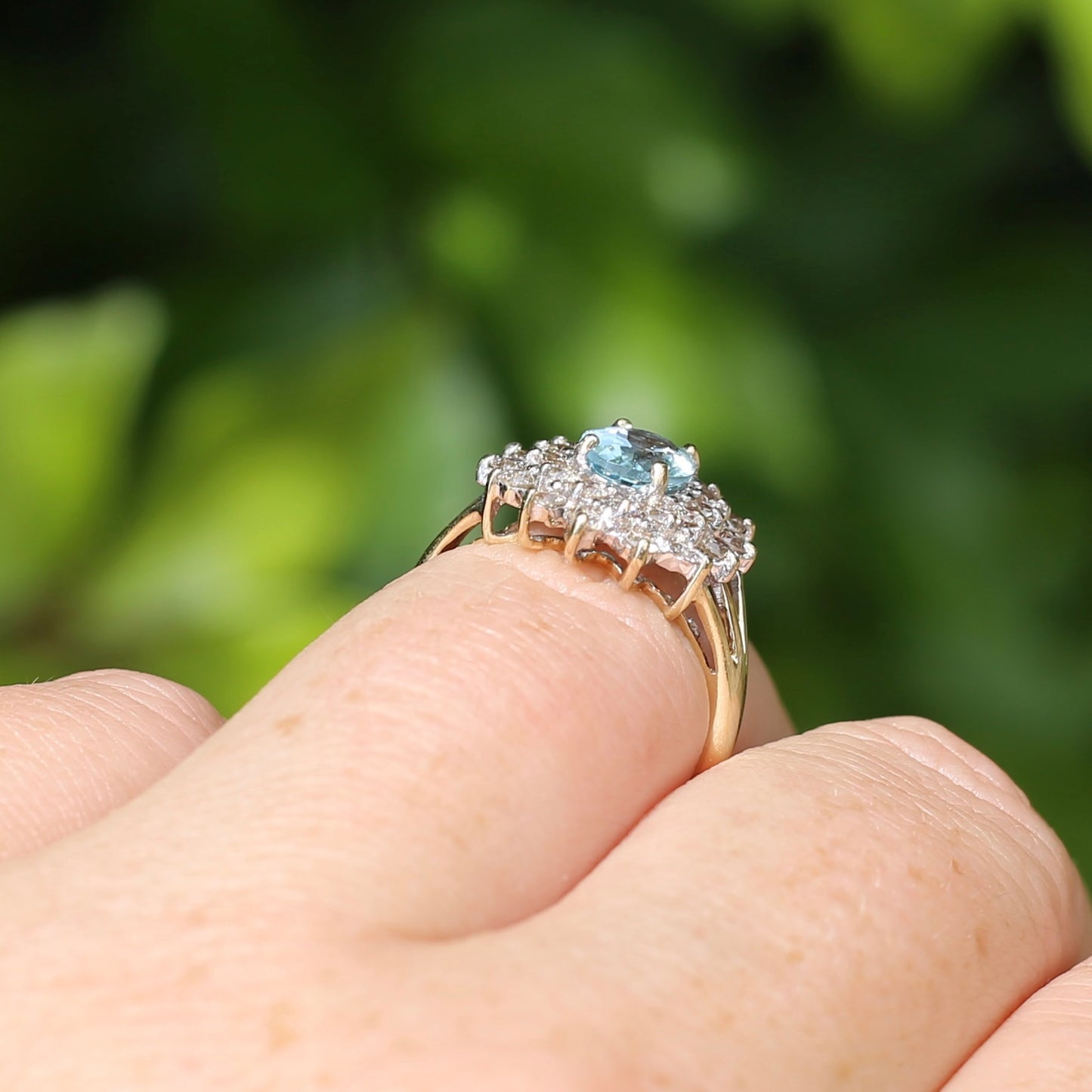 1.1ct Oval Aquamarine and Double Diamond Halo (0.88ct), 9ct White and Yellow Gold, size 6.25 or M