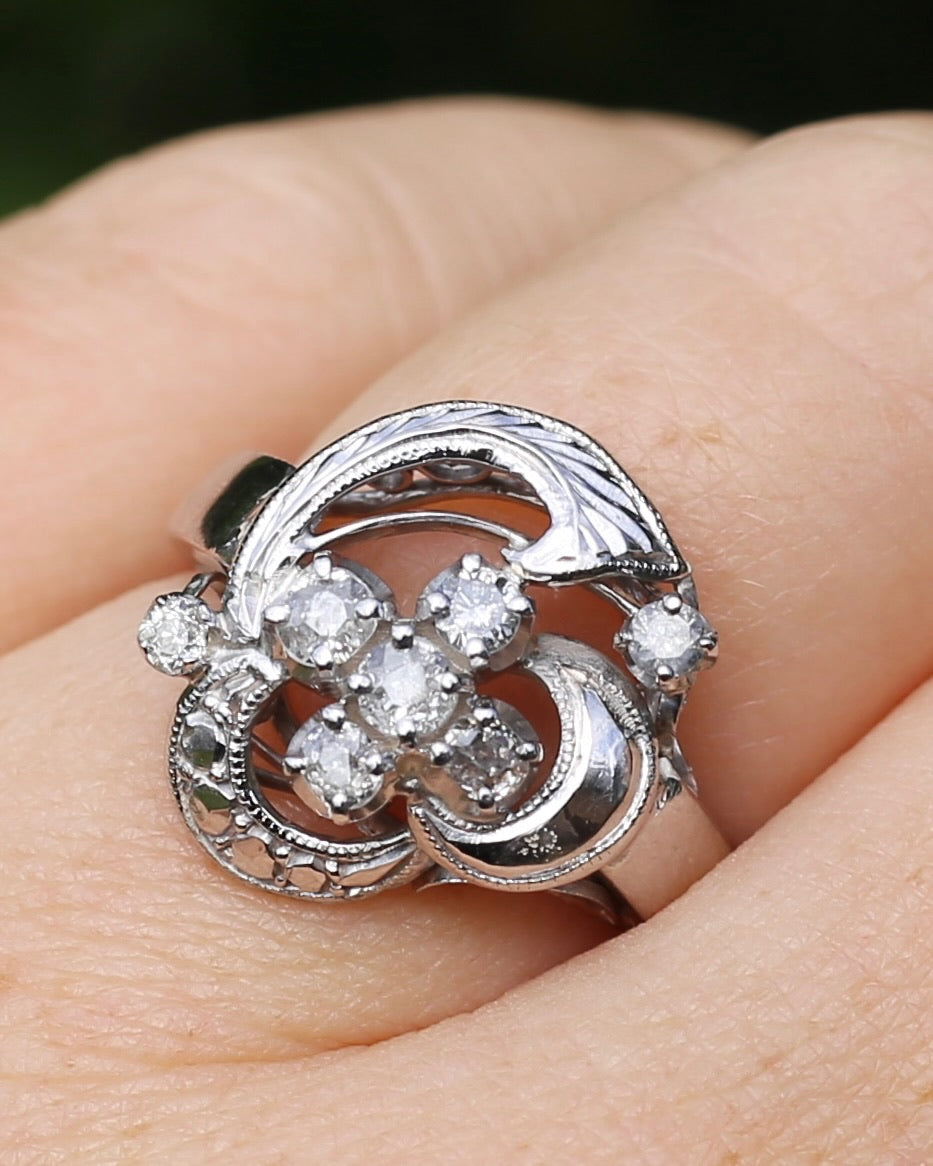 Old Cut and Early Brilliant Cluster Clover Ring, 9ct White Gold, size O or 7