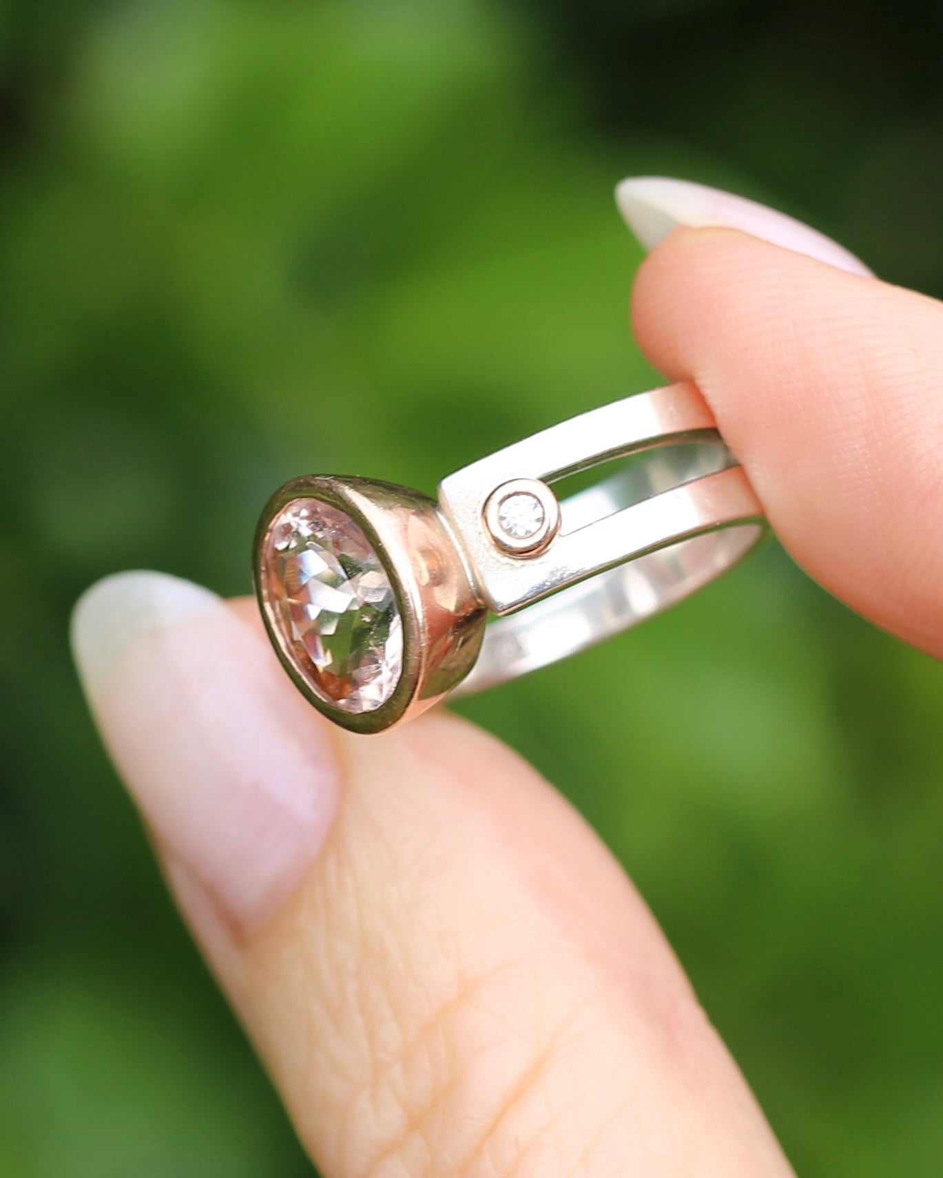 Chunky Bezel Set Morganite and Diamond Ring, 9ct Rose Gold and Silver, size P or 7.5 (fits smaller)