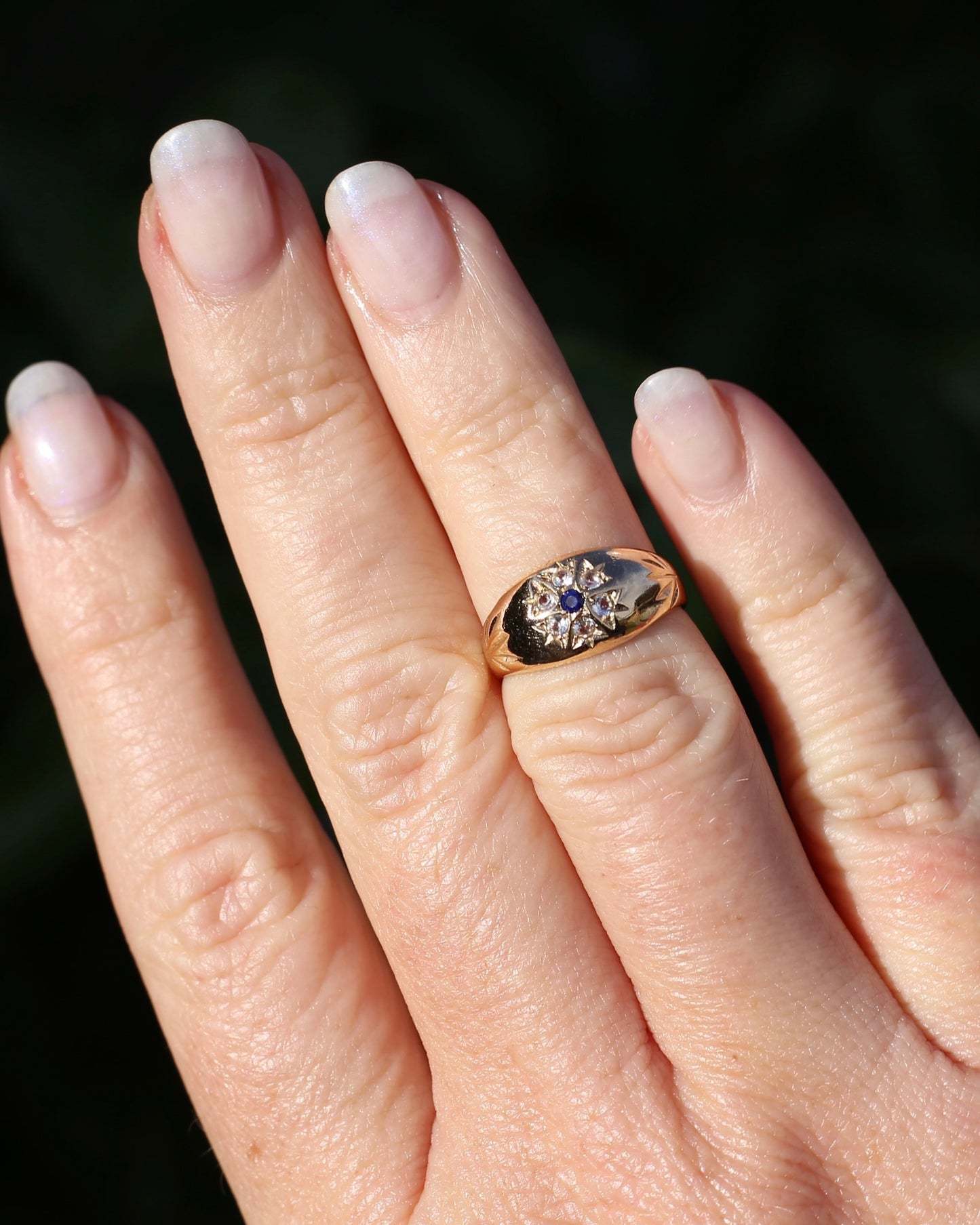 Vintage 1994 Birmingham Made Sapphire and White Stone Floral Cluster in Domed Ring, 9ct Yellow Gold, size J1/2 or 5