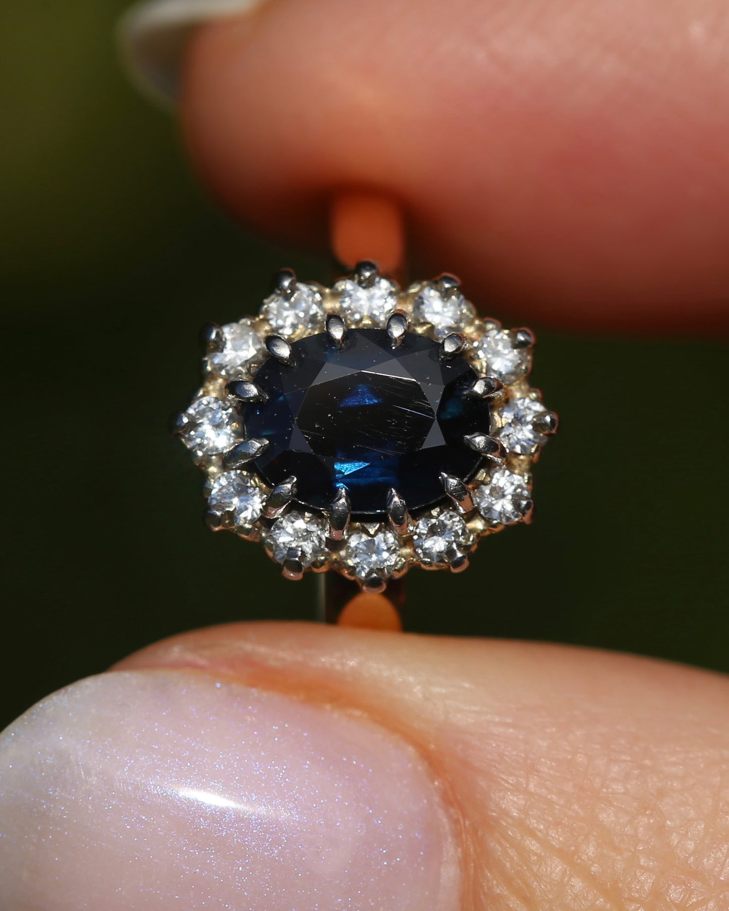 Vintage Natural Sapphire and Diamond Halo, 9ct Yellow and White Gold, size N1/2 or 7