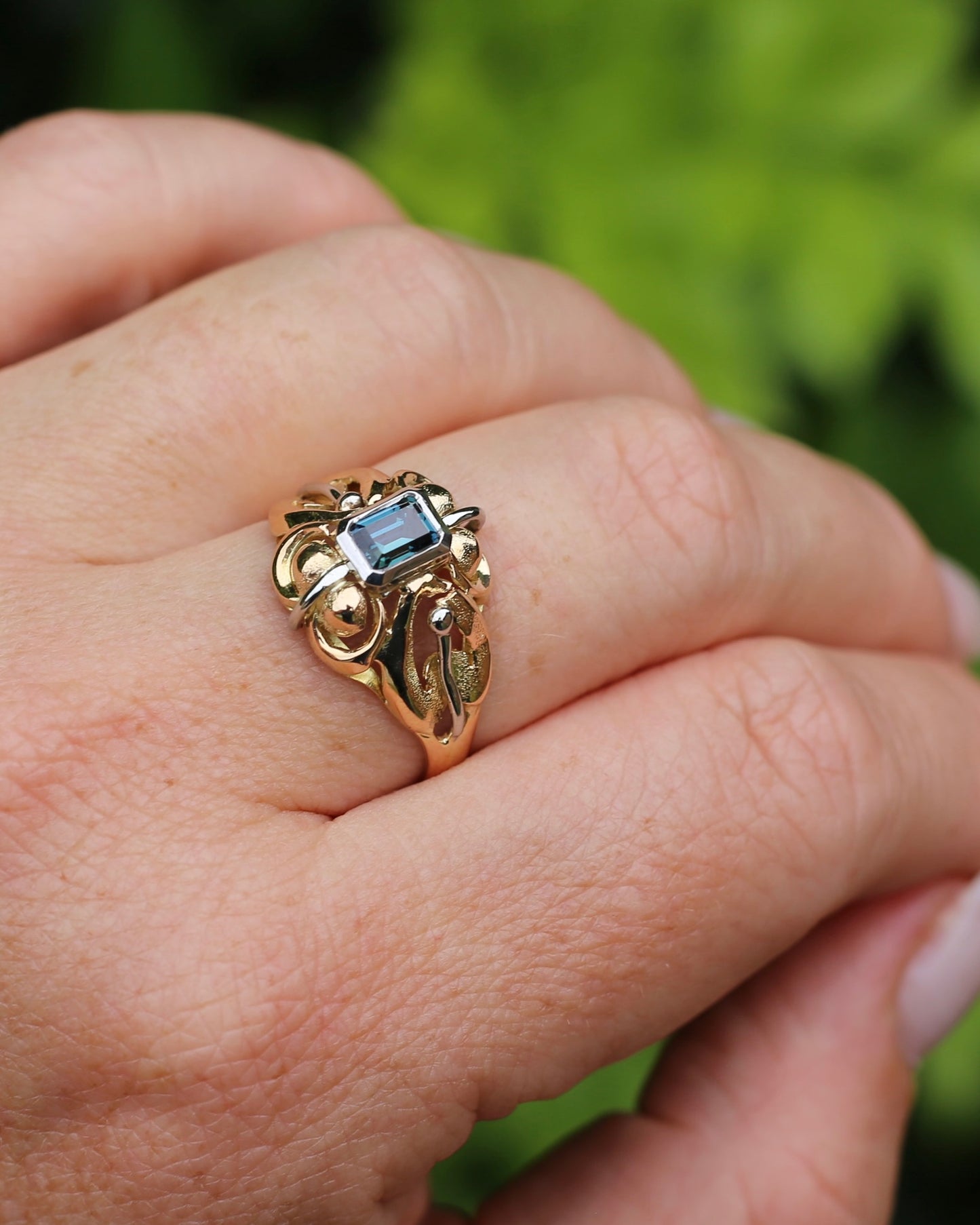 East African Emerald Cut Teal Parti Sapphire in 1940s Italian Made 18ct Mixed Metal Handmade ring, size S or 9.25 with valuation