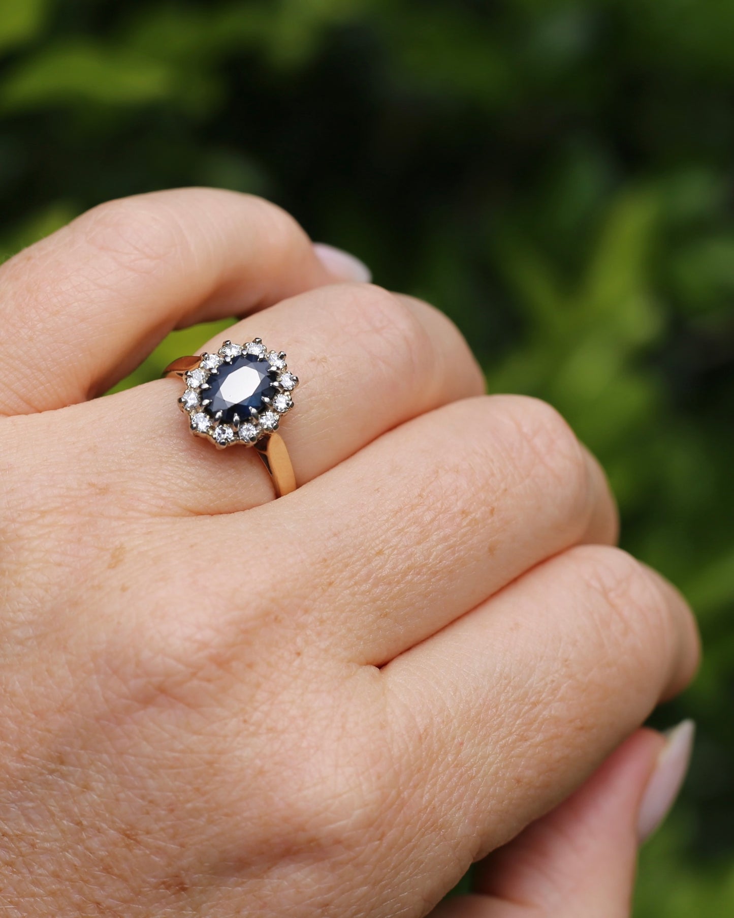 Vintage Natural Sapphire and Diamond Halo, 9ct Yellow and White Gold, size N1/2 or 7