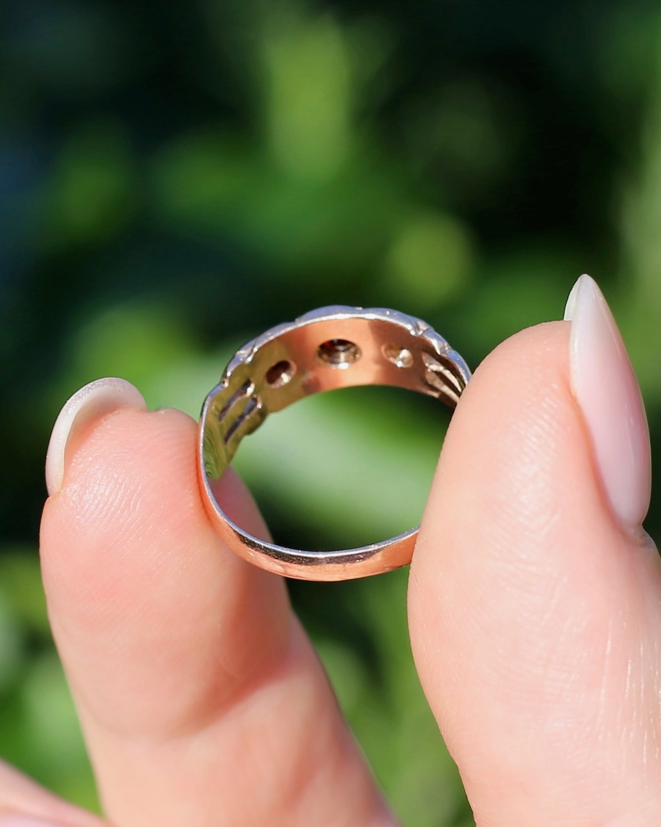 Vintage Victorian Revival Garnet Trilogy Star Set Ring, 9ct Rosey Gold, size P or 7.75, 3.16g