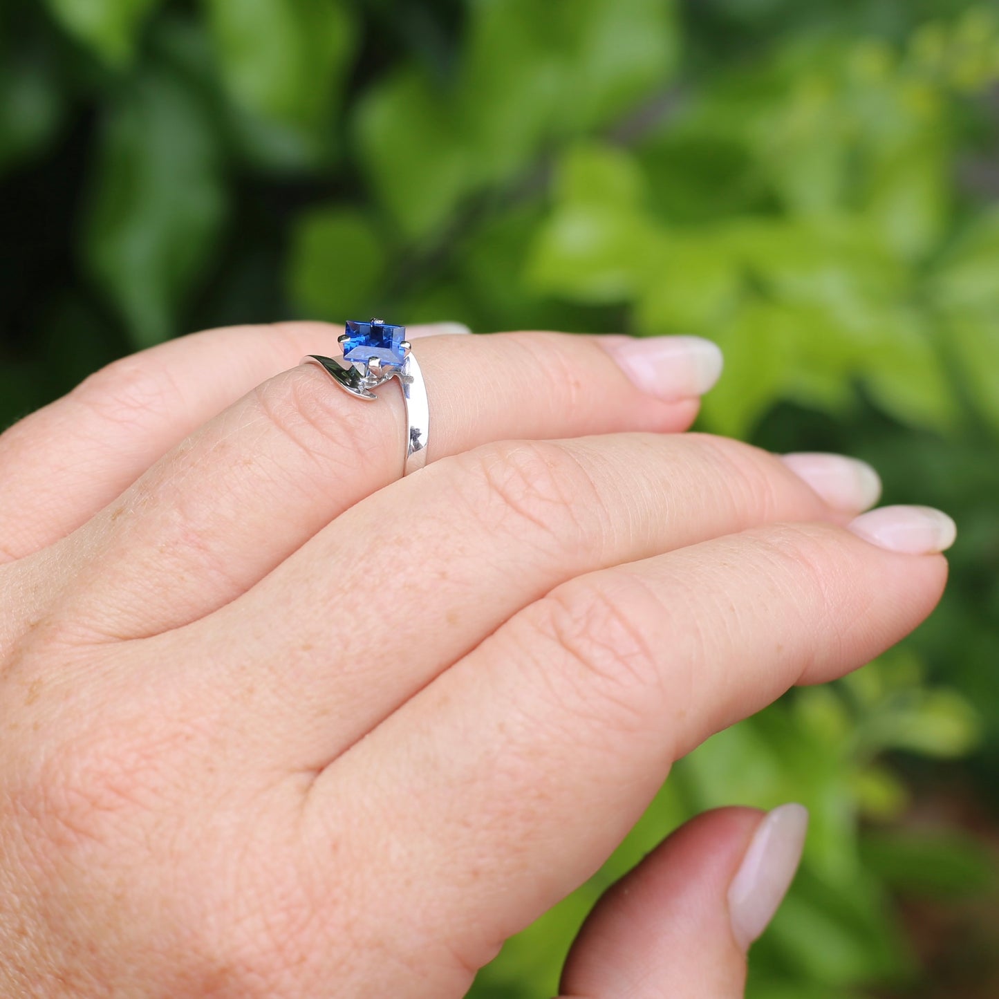 Circa 1960s Square Emerald Cut Blue Spinel in Asymmetric White Gold Ring, 9ct White Gold, size 6.25 or M