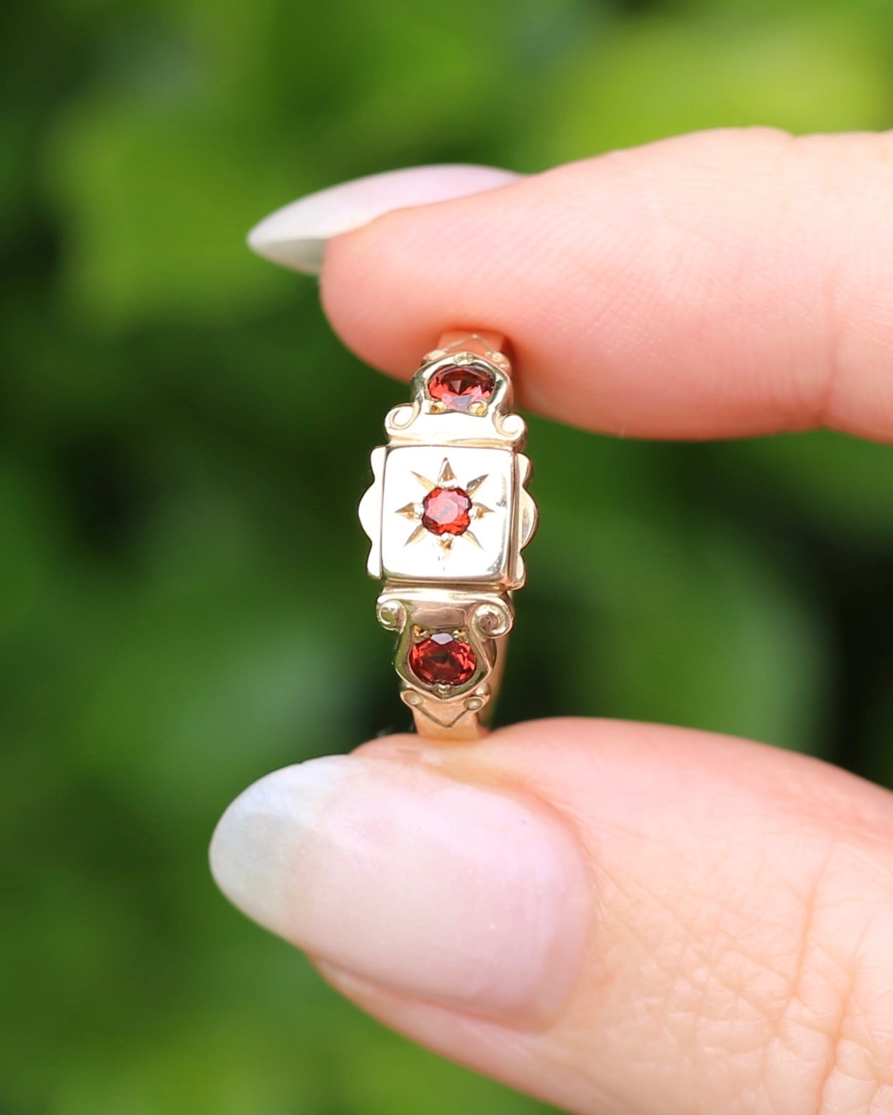 Victorian Revival Garnet Trilogy Star Set Ring, 9ct Yellow Gold, size O1/2 or just over 7.25