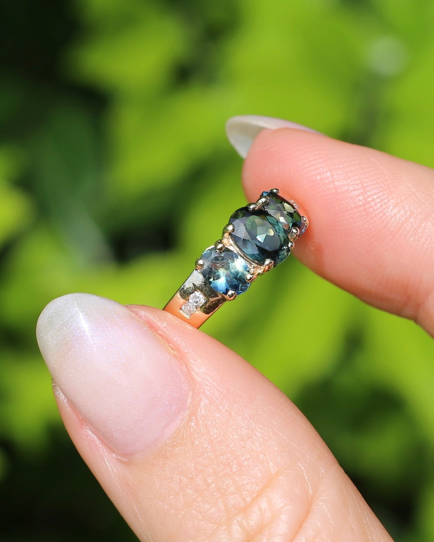 2.1ct Parti Sapphire Trilogy with Channel Set Diamonds, in Vintage 9ct Yellow Gold Ring, size O or 7.25