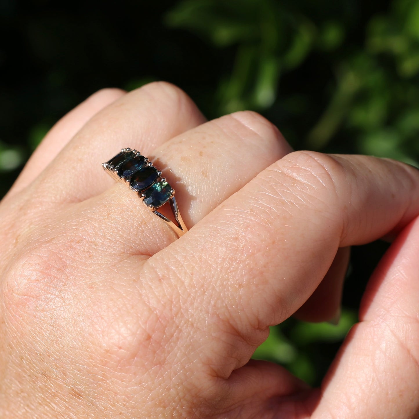 3 Carat Five Stone Parti Sapphire Ring, 9ct Yellow Gold, size R1/2 or nearly 9, with valuation