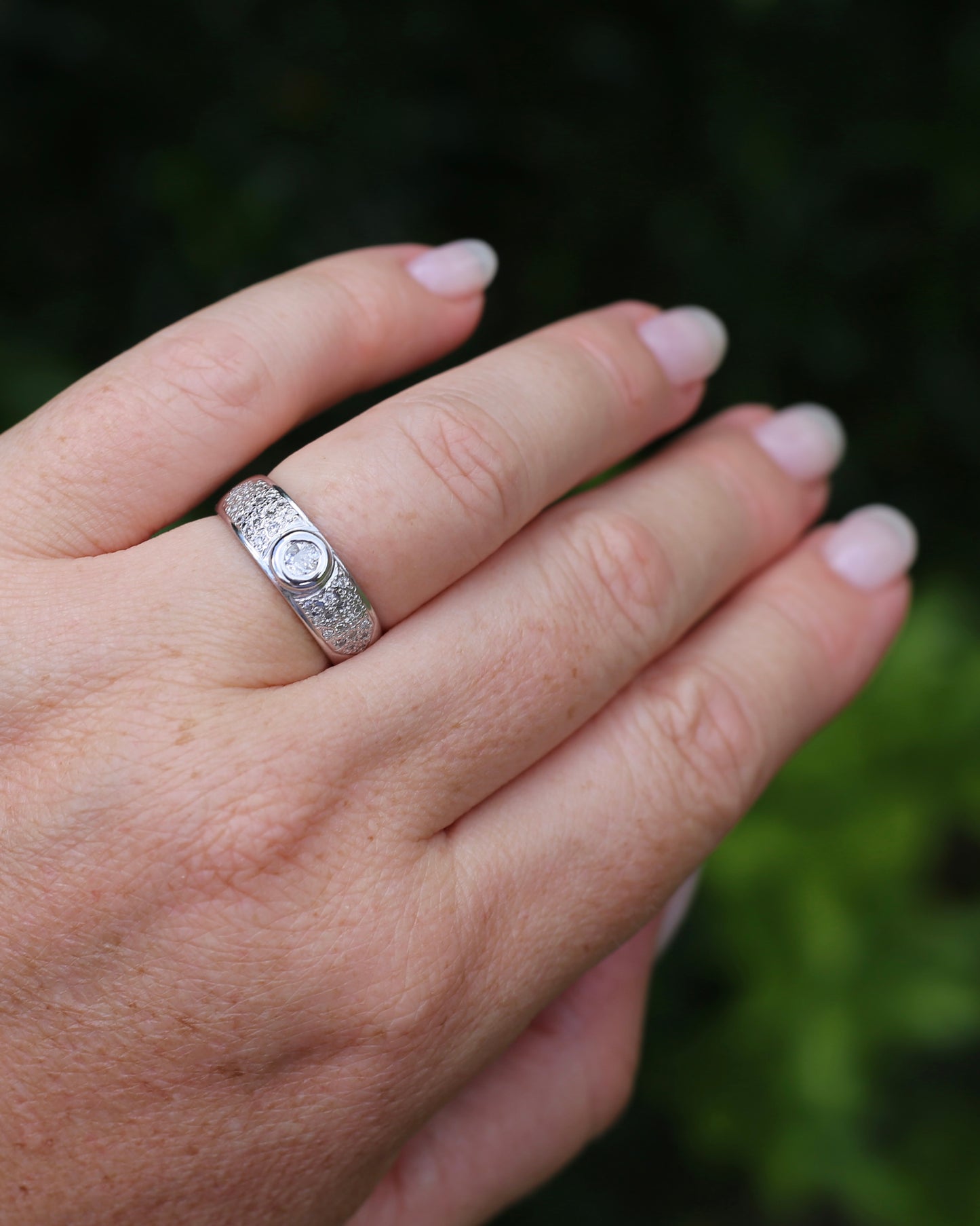 Bezel Set Old European Cut Diamond, in Pavé Setting of Diamonds, Chunky Platinum, size Q or 8 (fits more like an O1/2 - P), with valuation