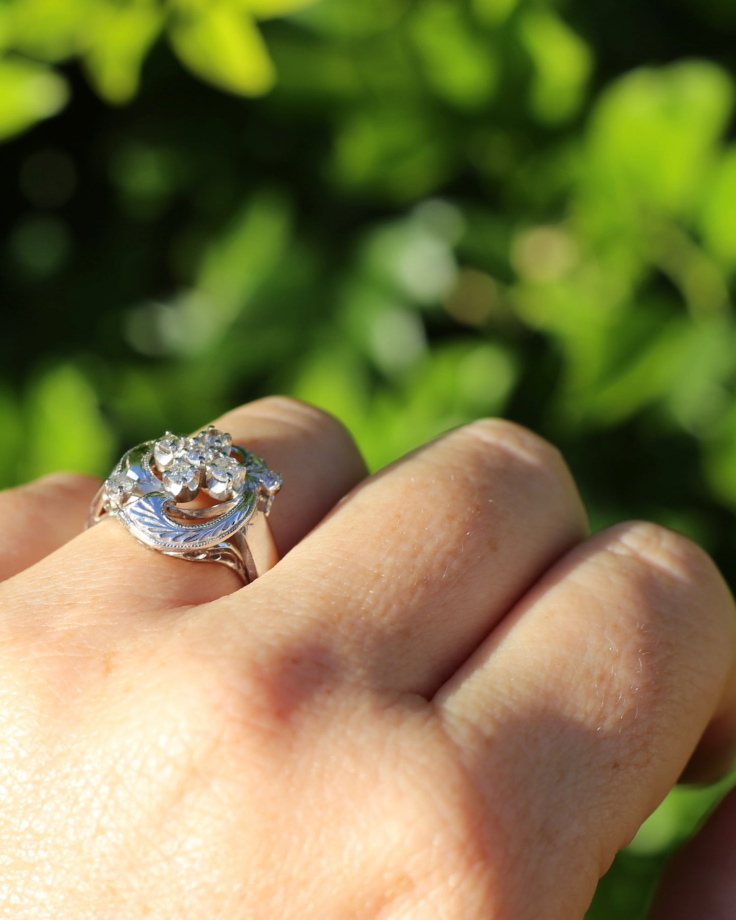Old Cut and Early Brilliant Cluster Clover Ring, 9ct White Gold, size O or 7
