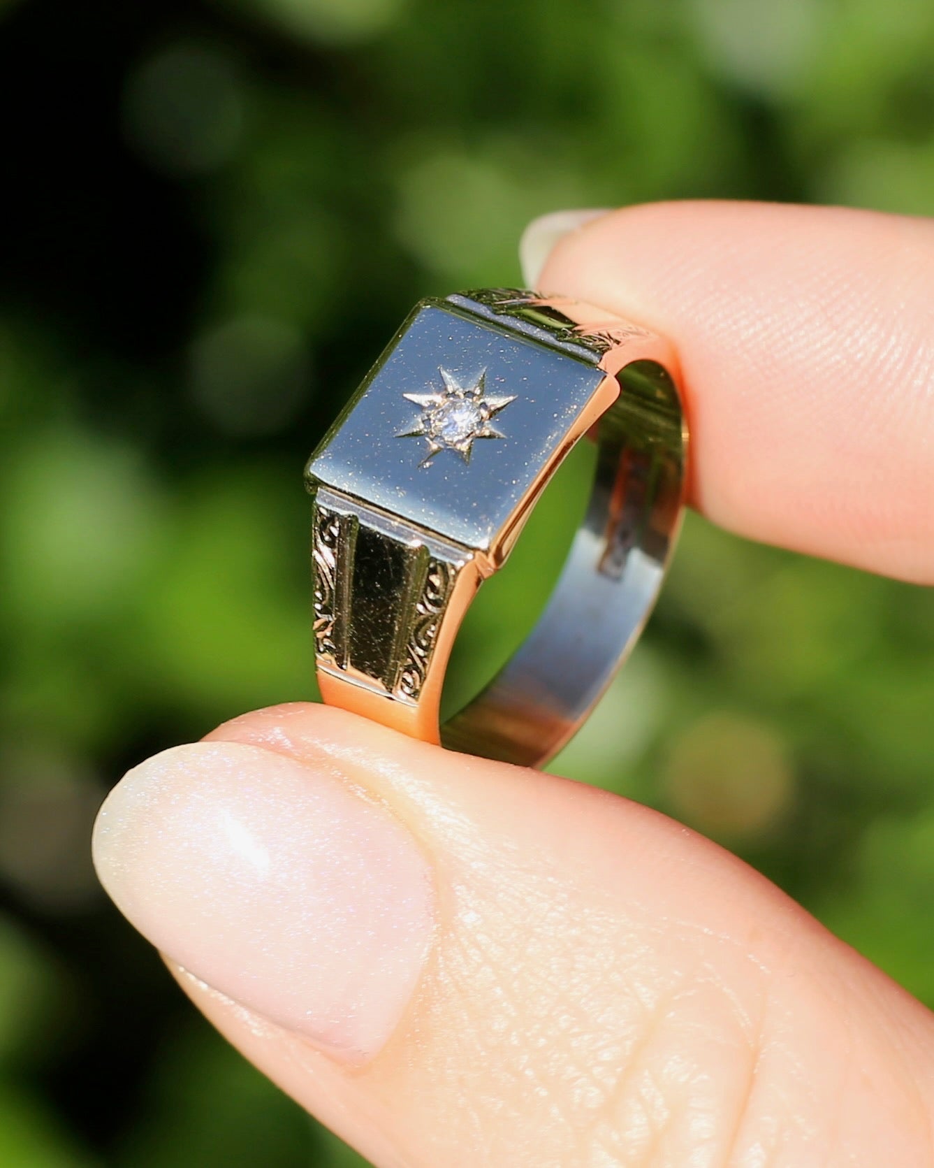 1984 Made Vintage Star Set Diamond Signet Ring, 9ct Yellow Gold, size V or 10.5