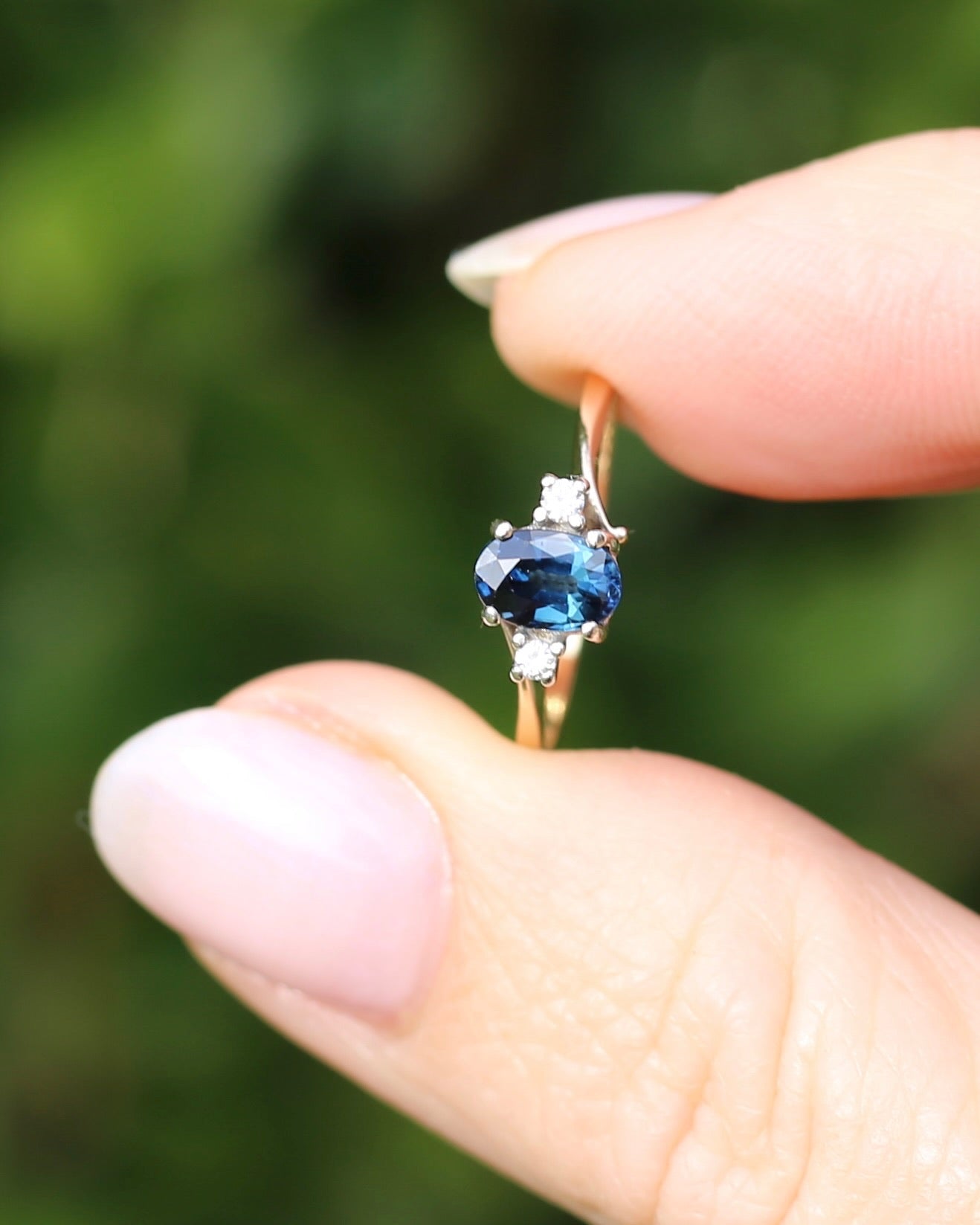 Vintage Natural Sapphire and Diamond Trilogy, 9ct Yellow and White Gold, size J or 4.75