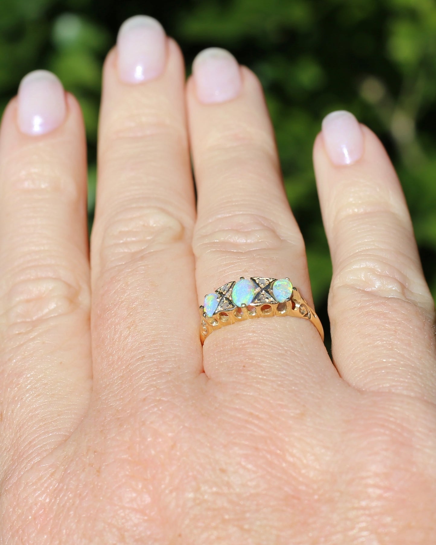 ON HOLD Antique 1907 Opal and Rose Cut Diamond Bridges Ring, 18ct Yellow Gold, size 8 or Q