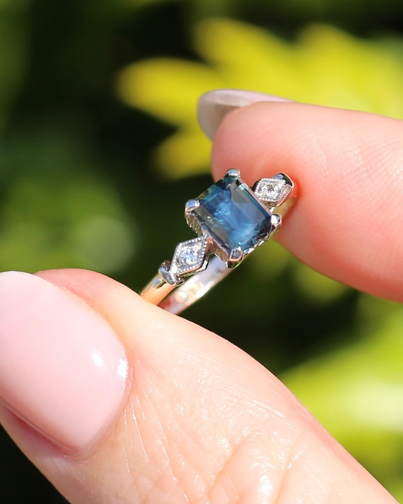 1.09ct Emerald Cut Teal Australian Sapphire With Diamonds in Vintage Trilogy Setting, 9ct Yellow and White Gold, size N1/2 or 6.75, 2.05g