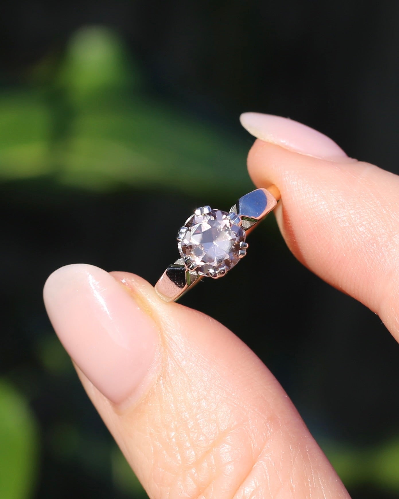Vintage 1.86ct Pale Pink natural Zircon, 1967 London Made Double Claw Set, 9ct Yellow and White Gold, size M1/2 or 6.5, 2.8g