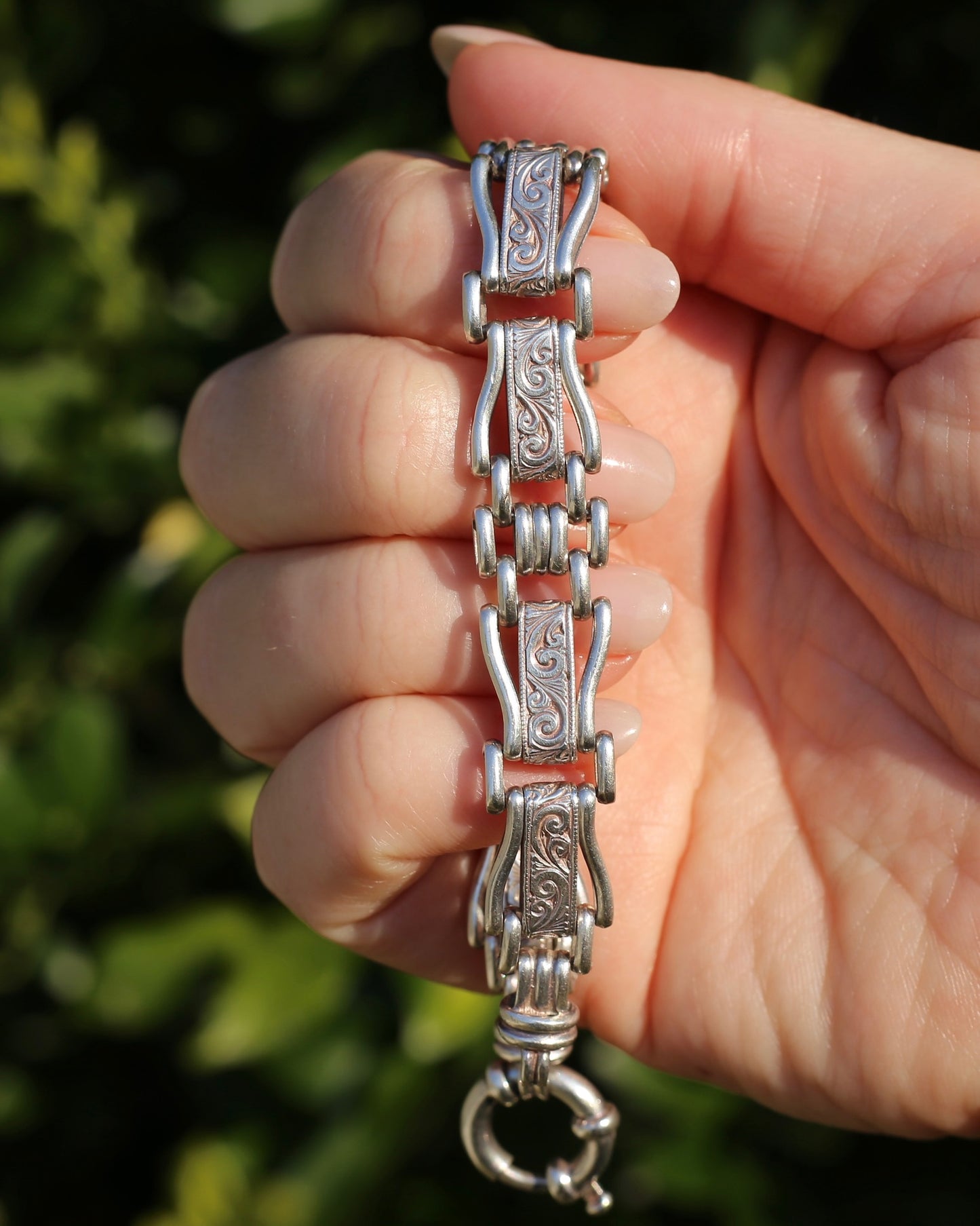 Fancy Link Engraved Bracelet, Sterling Silver, With Italian Bolt Clasp, 24.3g, 19cm