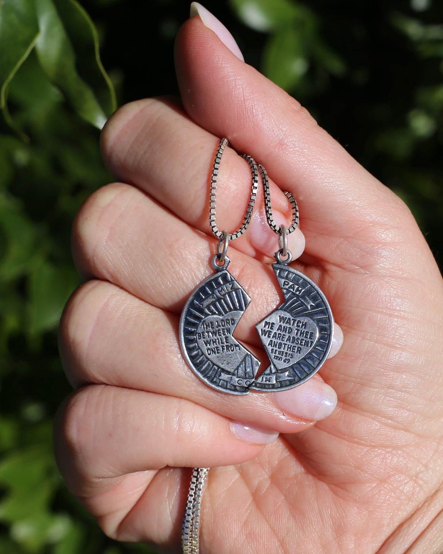 Pair of Vintage Mizpah Pendants on chains, Sterling Silver, 5g (combined) and 7.1g chains